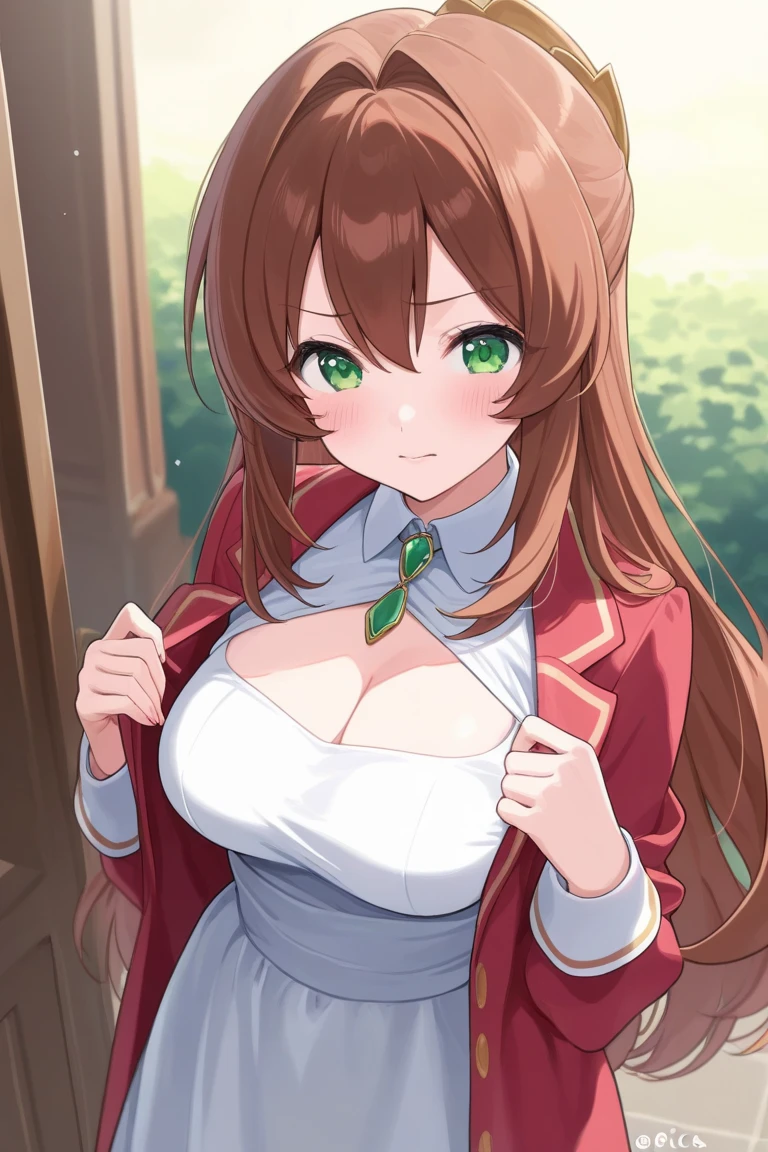 Masterpiece, Best Quality, Official Art, (Highly Detailed CG Unity 8k wallpaper), Detailed background, (Hands by Guido Daniele: 1.1), Feet out of frame, First Person View, 1, Attractive and Perfect Beautiful Woman, , JK,  Uniform, Rainy Day, Lots of Rain, Windy, (Curvaceous), ( White Thighs: 1.12), (Brown Long Hair: 1.12), (Ahoge (1.13), (high ponytail: 1.12), (green eyes: 1.13), big, (cleavage), beautiful face, (blush: 1.11), (smile: 1.11)