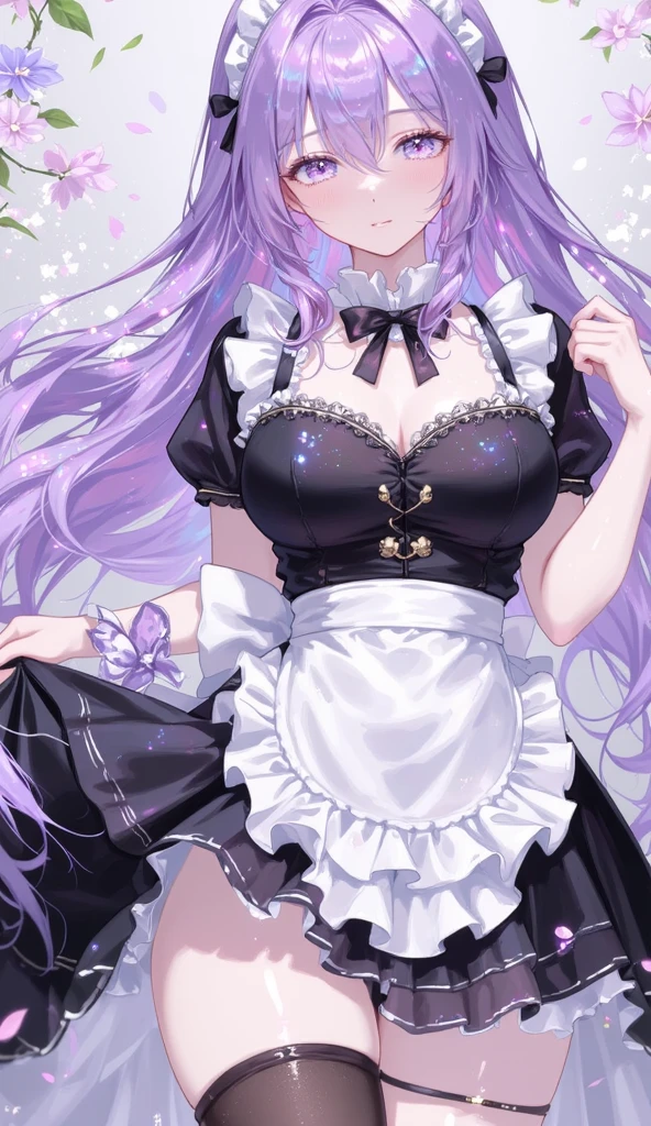 one piece ghost princess perona, ghost and sakura aura, holding a cute umbrella, black pink gothic outfit, hair tied into two curly pigtails with black and white flower hairpins, perfect body shape, wearing black top hat with ribbon, masterpieces, light make up, ghost effect, best lighting, ultra sharp, nipples showing, cleavage
