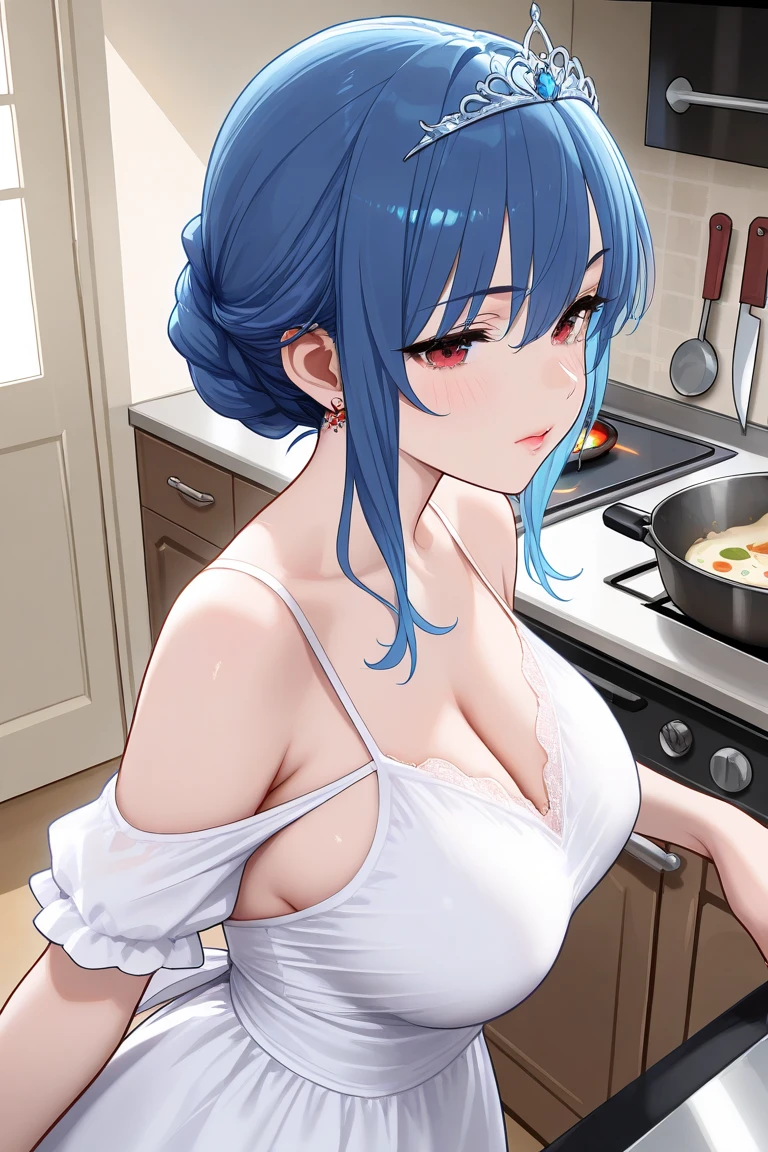 UHD, ccurate, masterpiece, anatomically correct, textured skin, super detail, best quality, 16k, 1080P,SOLO,(1 Female,perfect body,big oppai, white short hair),(blue eyes with red x-shaped pupils:1.9),(wearing A nude apron:1.7)(See-through),(sweating skin:1.7),(Wearing white Silk Stockings:1.7),(Open pose:1.7),(Full blush:1.7),(In kitchen),(Genshin Impact/Arlecchino),[detail face]
