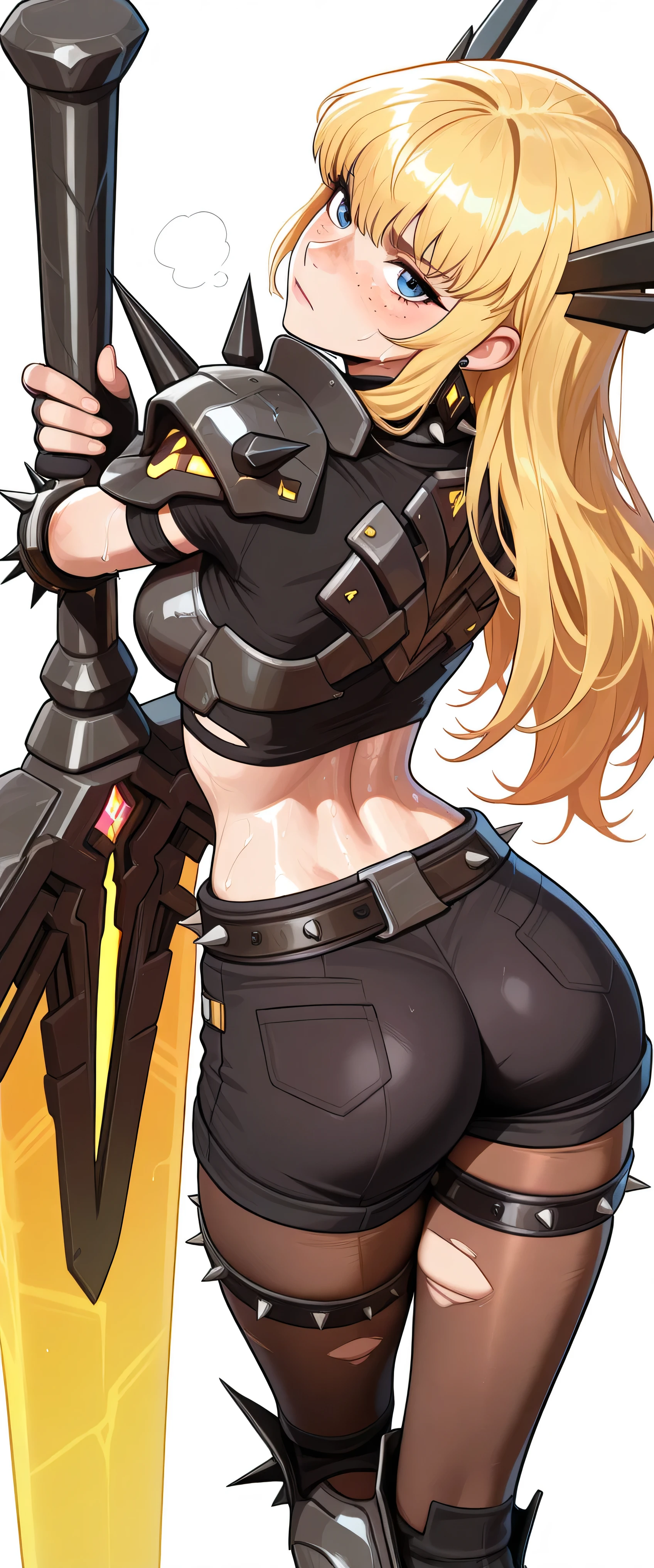 cowboy shot, solo, <lora:elenaStarOcean6:0.6>, elena_so6, blonde hair, long hair, clothing cutout, large breasts, cleavage cutout, blue eyes, cleavage, fingerless gloves, belt, armor, yellow shirt, bangs, shoulder armor, zipper, black pants, from behind, highres, Digital art, trending on artstation, best quality, insanely detailed, masterpiece, stunning environment, wide-angle,