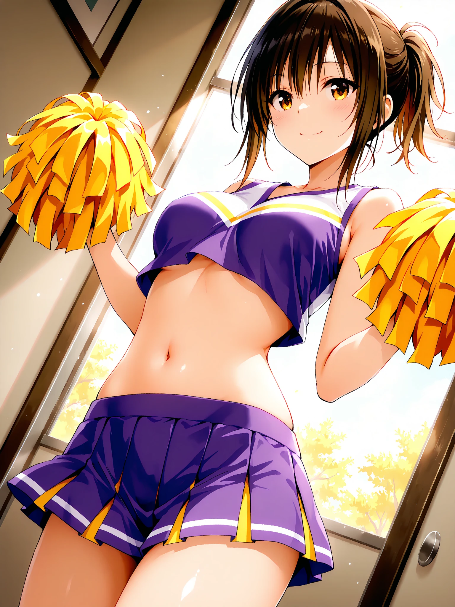 best quality, 1girl, masterpiece ultra detailed, illustration, yang guifei, glossy lips, blush, lips parted, (cheerleader), midriff, short hair, school field, twintails, standing, looking back at viewer