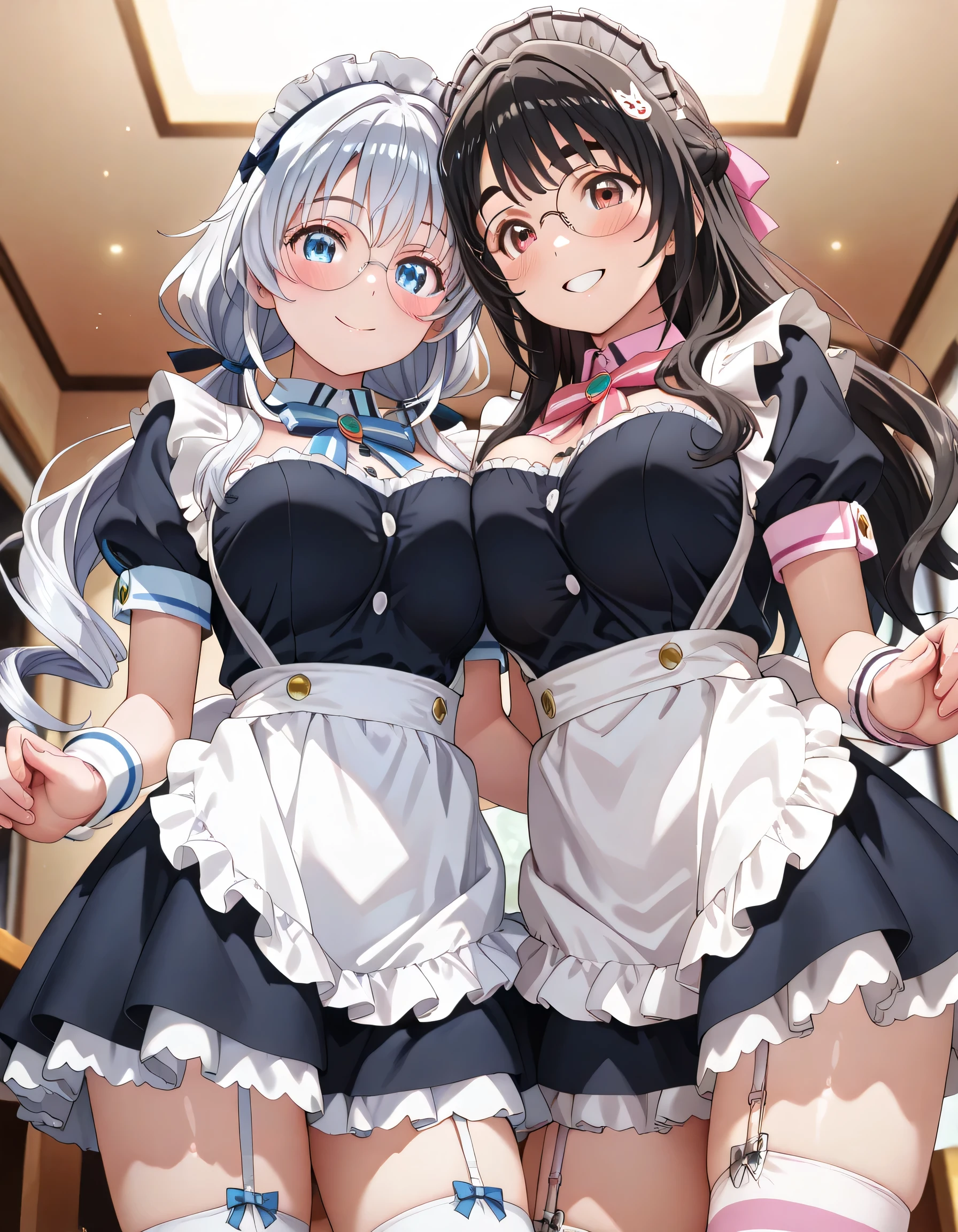 ((ultra-detailed)), (highly detailed CG illustration), (best quality:1.2), ultra-highly detailed, colorful composition, artistic photo, 2 girls:1.3, moe anime character, girl, round face, rounded chin:1.2, short stature, Yuri:1.3. symmetrical posture, cheek-to-cheek:1.4, cowboy shot,BREAK
(girl A is Sena:1.2), thick eyebrows, half updo, sagging eyes, long hair, black hair:1.3, brown eyes, (wearing glasses:1.3), (round eyewear:1.3), half updo, light blue striped panties, ample breasts, french maid uniform with pink:1.3, maid headdress, white frilled chichi-bukuro, pink neck bow with sapphire jewelry, pink miniskirt with white frilled:1.3, frilled apron, garter belt:1.3, smile:1.2, blush:1.3, from front, looking viewrer, BREAK
(girl B is Marika:1.2), blue eyes:1.3, sagging eyes:1.3, silver hair:1.3, long hair, twin drills, hair ribbon with pink, ample breasts, pink striped panties, ample breasts, french maid uniform with blue:1.3, maid headdress, white frilled chichi-bukuro, ample breasts, blue neck bow with ruby jewelry, blue miniskirt with white frilled:1.3, frilled apron, garter belt:1.3, from front, looking viewrer, BREAK
standing in the cute maid cafe, best quality, masterpiece, From below, dynamic angle, joyful pose, dynamic pose, contrapposto pose, expecting, pink cheek, blush, light pink gloss slip, portrait, depth of field, soft lighting, sidelighting, shine, lighting, caustics, ray tracing, perfect face, lustrous skin, highly detailed face, perfect face, perfect nose, perfect hair, perfect anatomy, beautiful hair, beautiful small face, extremely detailed face, beautiful clavicle, beautiful body, beautiful huge breasts, leavage, breasts squeezed together, equalize the size of the left and right breasts, beautiful thin thighs, beautiful legs, beautiful fingers, 4 fingers, 1 thumb,