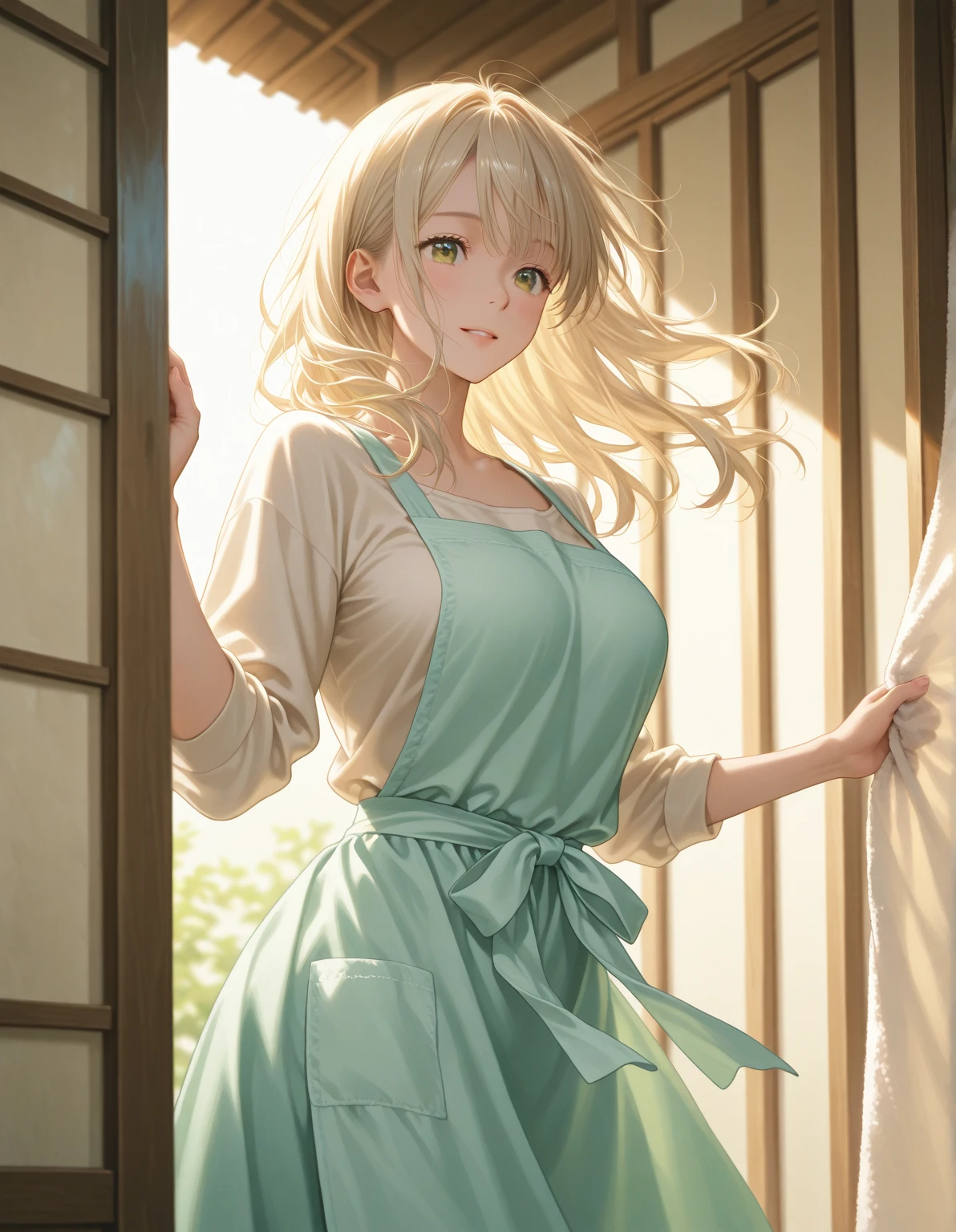 masterpiece,best quality, ultra-detailed,1girl(sakurai momoka, lovely small breasts, naked body, wavy hair, long hair, blonde hair, headband, pink flower in hair,green eyes, half-closed eyes), a come-hither face, smirk, parted lips, nose blush, blush, facing viewer , looking at viewer, head tilt, solo, apron, naked apron, in the kitchen, night time, standing, lure, come-on,
