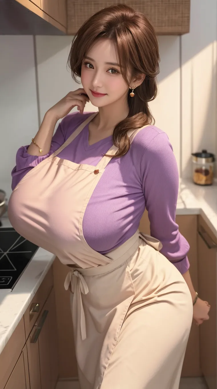The most beautiful mother in Japan(Giant body)、Obscene and too big long breasts、Too erotic mom、A body that accepts all sexual desires、Standing in the kitchen、Gray long sleeve tight knit、Wearing wide nacho pants、broad shoulders、Wearing an apron、32K image quality、top-quality、Turn around、Saying good morning with a smile