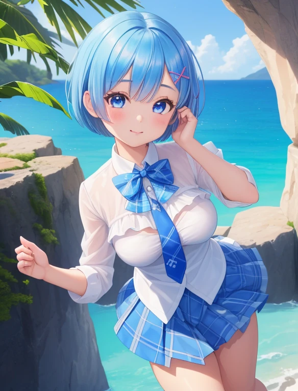 1girl, rem re zero,Short hair, Walk, smile,look at viewer,blue hair, blue eyes, Short,Hands in mouth, pouting lips, cave background,white shirt, blue plaid skirt, Bow tie, blue checkered tie,,close up photo,ultra detail, ultra hd