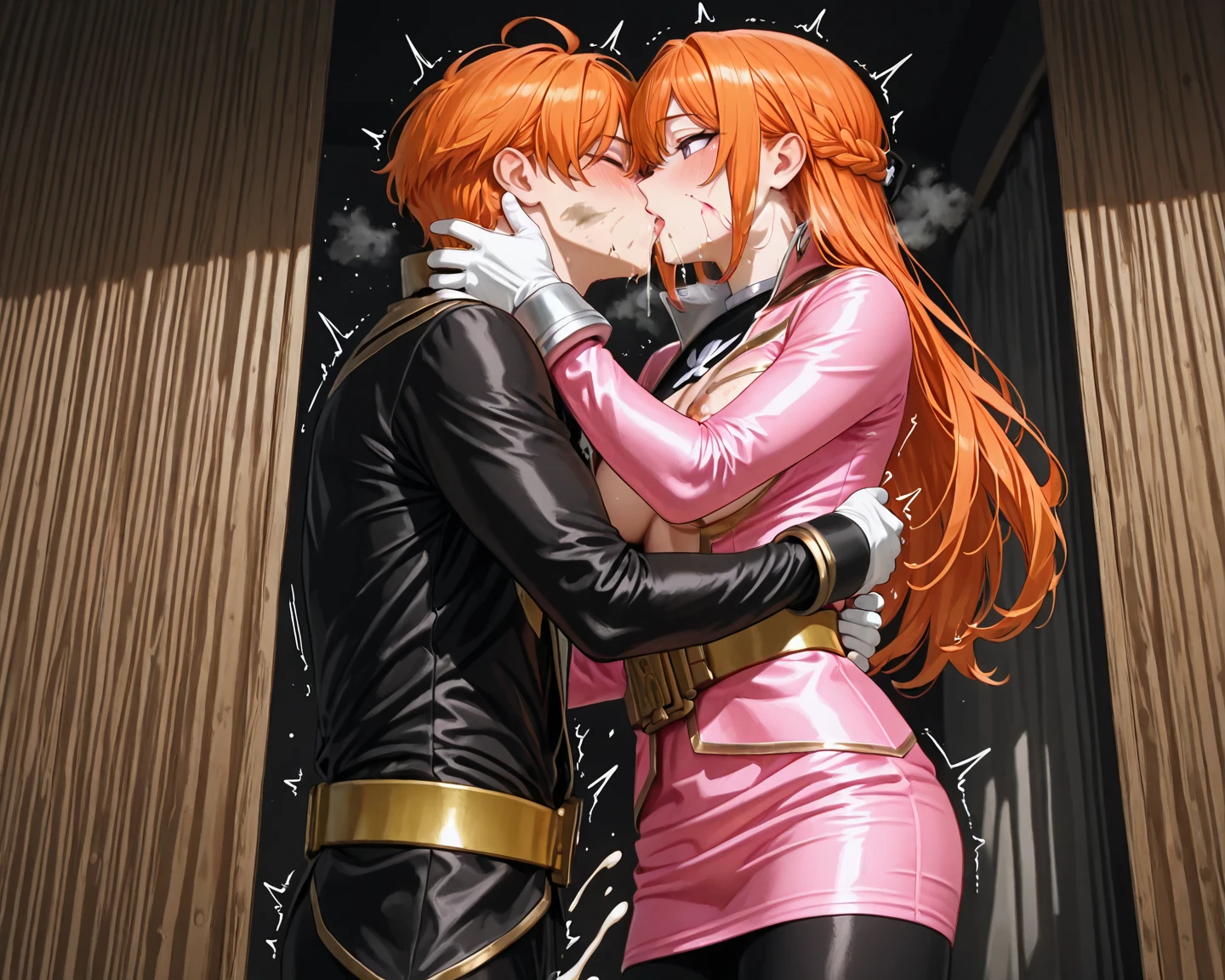 (((masterpiece))),(((best quality))),(ultra-detailed,high resolution:1.2),(illustration),((an extremely delicate and beautiful)),(detailed background), ((face to face, hug, sex)), toes, standing, (((wrestling ring))), ((1girl)and(1boy)), hetero, (1girl,tall stature), ((((Baobhan Sith/(((fate/)))), red dress, bare shoulders, (((waist-cape))), layered sleeves, red knitted_long boots, high heeled shoes, ((((ahegao)))), (rolling eyes:1.4),(trembling), (cum in pussy:1.4),cum on clothes,cum on breasts,excessive cum, clothing aside, clothed, (1muscular boy,tall stature:1.4), ((((tartaglia/(genshin impact/)))),large penis, [[[[he looks evil grin]]]], text,