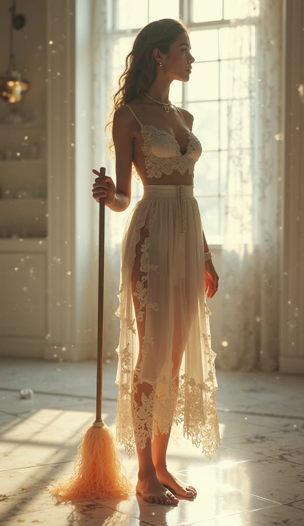 A long shot of a blond woman, with an onion-like face with white skin and light blushes, long ondulating hair in a sophisticated structured asymmetrical updo with long black feathers, fit, (busty, big tits, DD cup breast:1.4) with tiny waist, wrapped in a glossy Translucent see through plastic sheet with ruffles, long legs open, twisting her back over, high heels, Victorian era, Victorian style photography, anthotype print