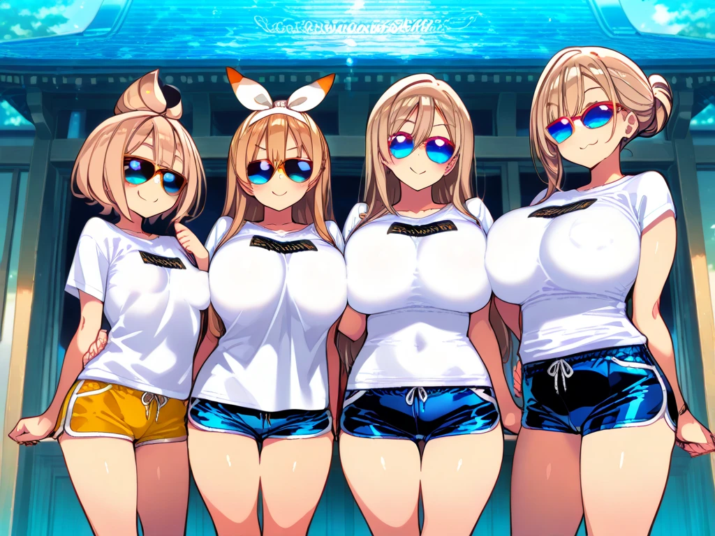 (masterpiece), maximum quality, (Colorful:1.1), (5 girls, group shot:1.4), (slim body:1.1), (huge tits:1.5), (dark skin:1.1), (muscles:1.1), blonde hair, Silver hair, Twin tails, braid, forehead, (leaning forward:1.4), (Open your mouth, happy smile:1.1), (wink:1.2),peace sign, (stars and stripes bikini, microbikini:1.1), cowboy Shot, (Classroom:1.1), blackboards