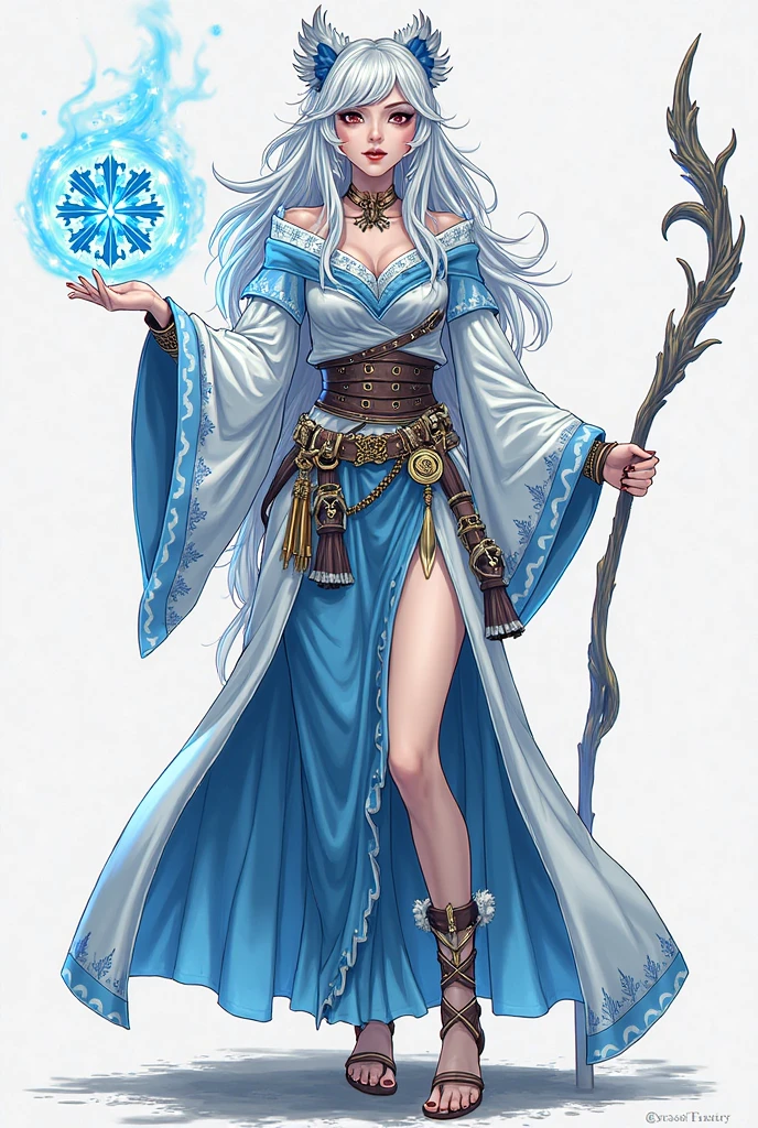 1girl, sorceress, full body shot, see-through robe, blue-white hair, frost mage