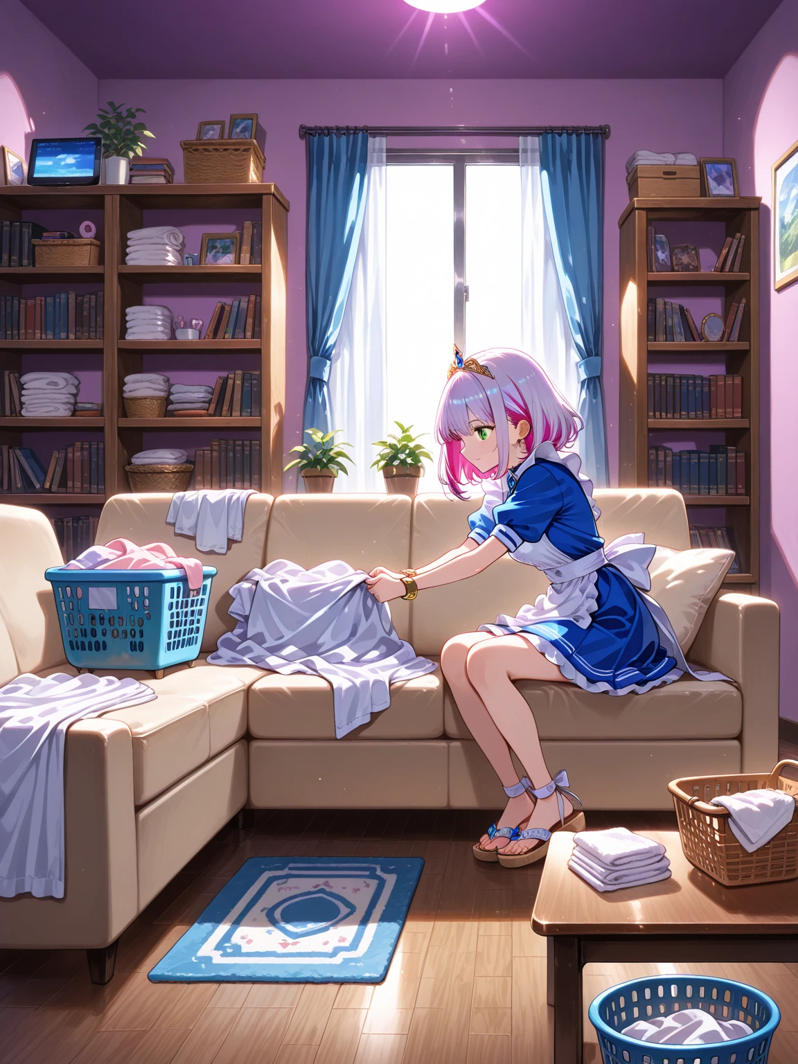 deep in the night，tidy room，one-girl，Roll up your trouser legs，Half squat，Look at your injured foot，A white-haired girl next to her was looking at her，A puzzled look
