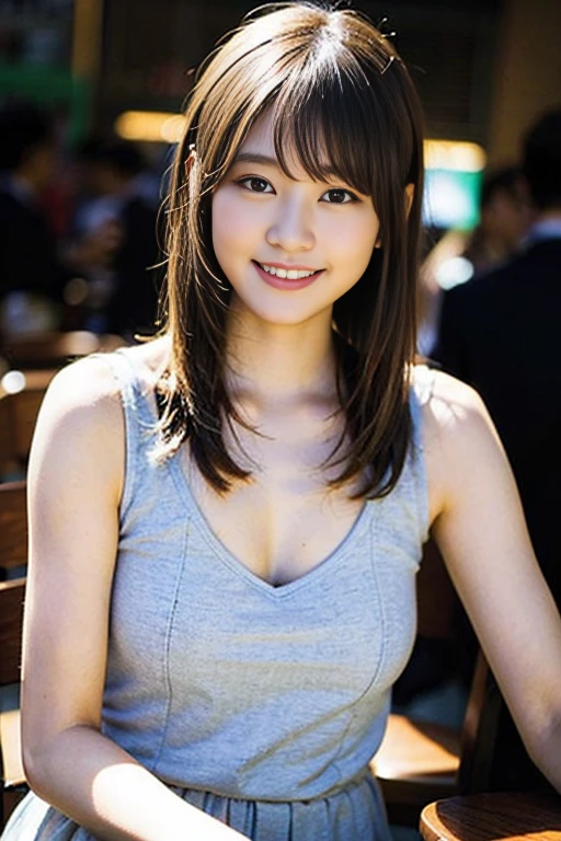 ((leica 50 mm prime lens, Cine Steel 800T film, art color photography))、A very cute face like an idol、Looks like a young face、20-year-old female、Gentle and cute、A kind smile、Cleavage、one piece、Stylish bar counter、cheers、whole body、RAW Photos、Genuine、Artistic、Real Stick、High resolution、Genuine Life、No copyright notice