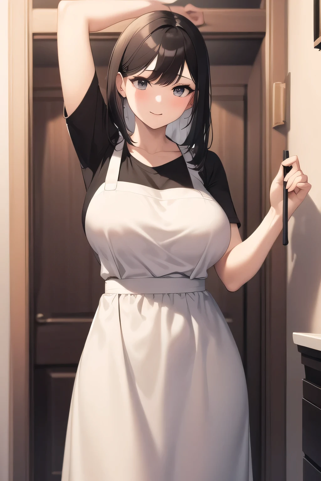 can you draw a woman doing housework,A woman wearing an apron ,Can you draw big breasts,I'Unstable,can you draw a woman with long long sleeve pink hair,can you draw a nice smile,,white blouse,navy blue miniskirt,,OL ,long sleeve pink hair long hair,Let's draw a more delicate expression,A woman with a lovely smile,face is absolutely necessary,,Please explain ,I need facial expression first,