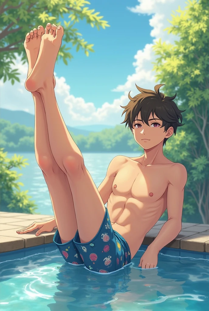 asian, boy, 15-year-old, background is river, playing river, topless, swim short pants, cute,