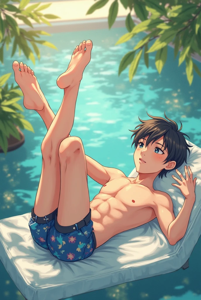 Anime style, summer sky, Into the cloud, 1boy, Little Boy, androgynous, cute face, adorable boy, beach, coconut tree, Cheerful boy, body only, Shirtless, Topless, small breast, (show his armpit, focus on the armpit, shine closer to the armpit), boy focus