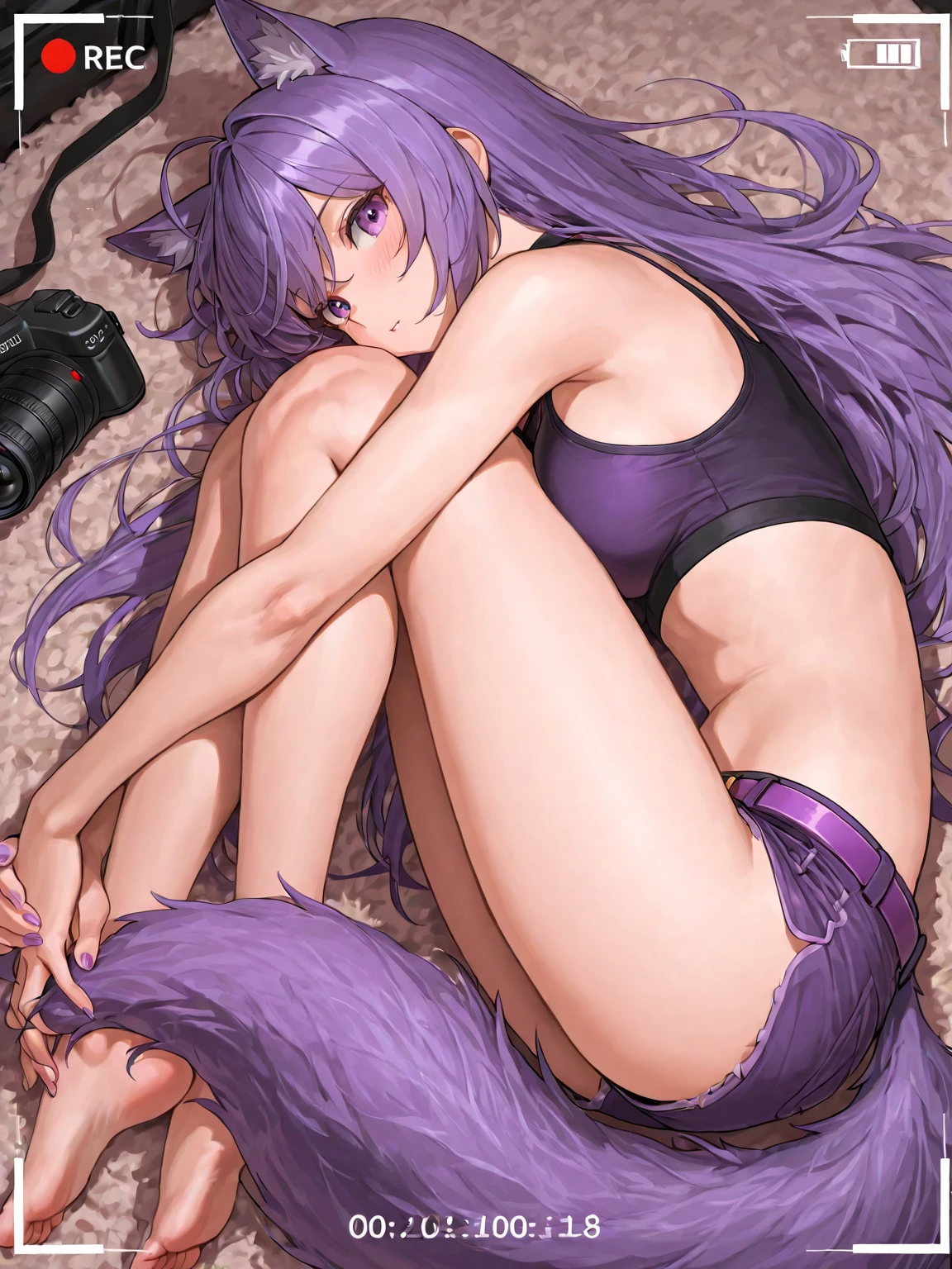 cat-girl, toned, sharp big wolf ears, wolf tail, big purple messy hair, wide extremely vibrant red eyes, HD, masterpiece, vibrant, black socks, slim dark purple hoodie, full body view, happy face, tongue out, black thigh socks, bikini, naked feet