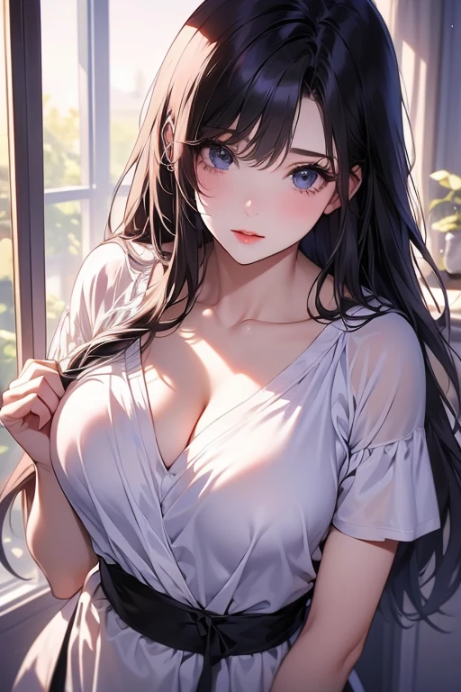 28 year old beautiful woman with attractive long black hair、Double eyelids、Joyful face、One white see-through yukata that sticks to bare skin、Fabric so thin that you can see through the contents、very large breast、opened legs、The color and shape of the tip of the chest is visible 、You can see the color and shape of the areola、You can see through a lot of pubic hair、The entire chest shows through、Lie on the bed with your hands stretched above your head、