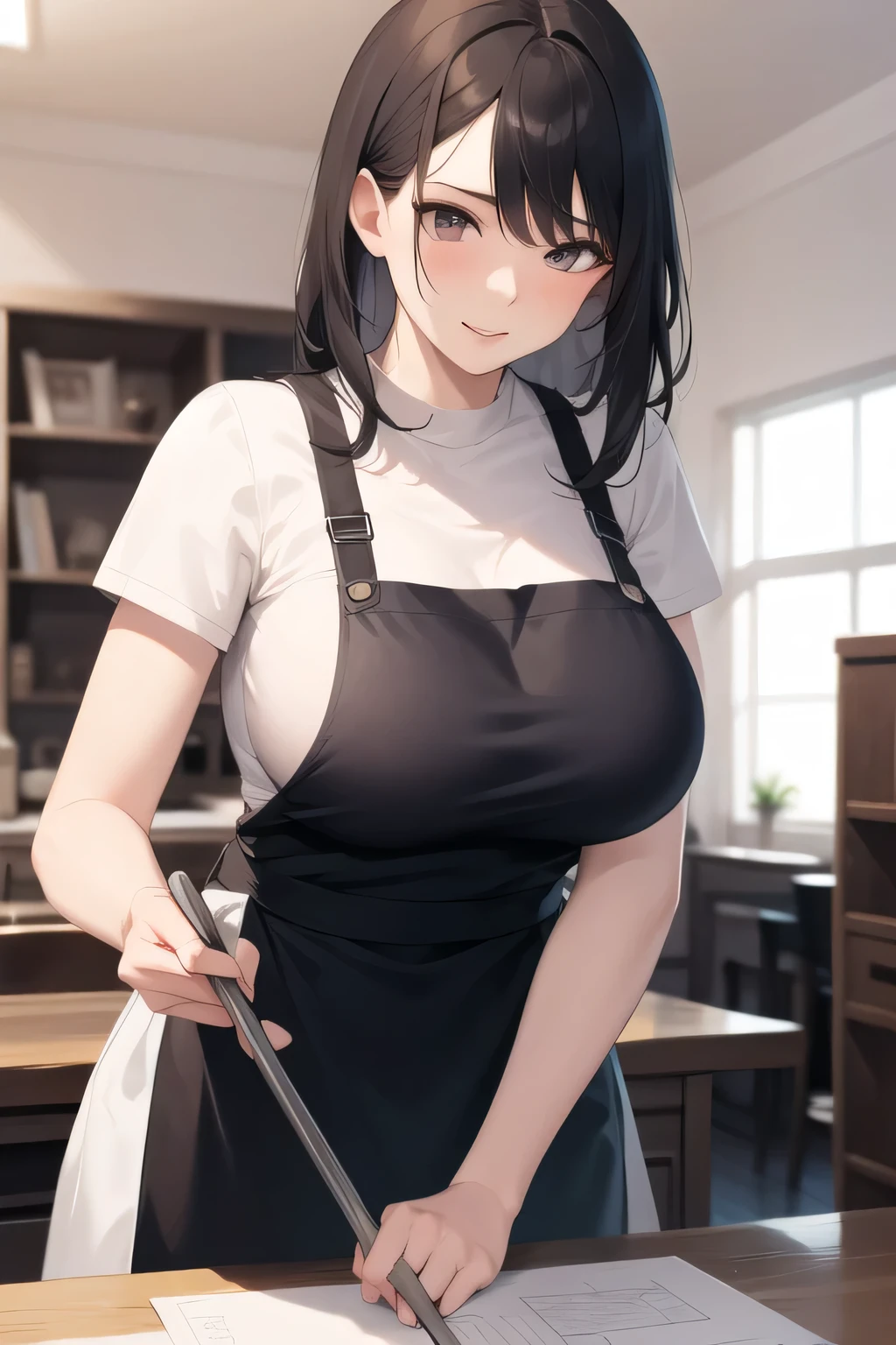 Can you draw a woman doing housework,A woman wearing an apron ,Can you draw big breasts,I'Unstable,can you draw a woman with long long sleeve pink hair,Can you draw a nice smile,,white blouse,navy blue mini skirt,,OL ,long sleeve pink hair long hair,Let's draw a more delicate expression,A woman with a lovely smile,face is absolutely necessary,,Please explain ,I need facial expression first,