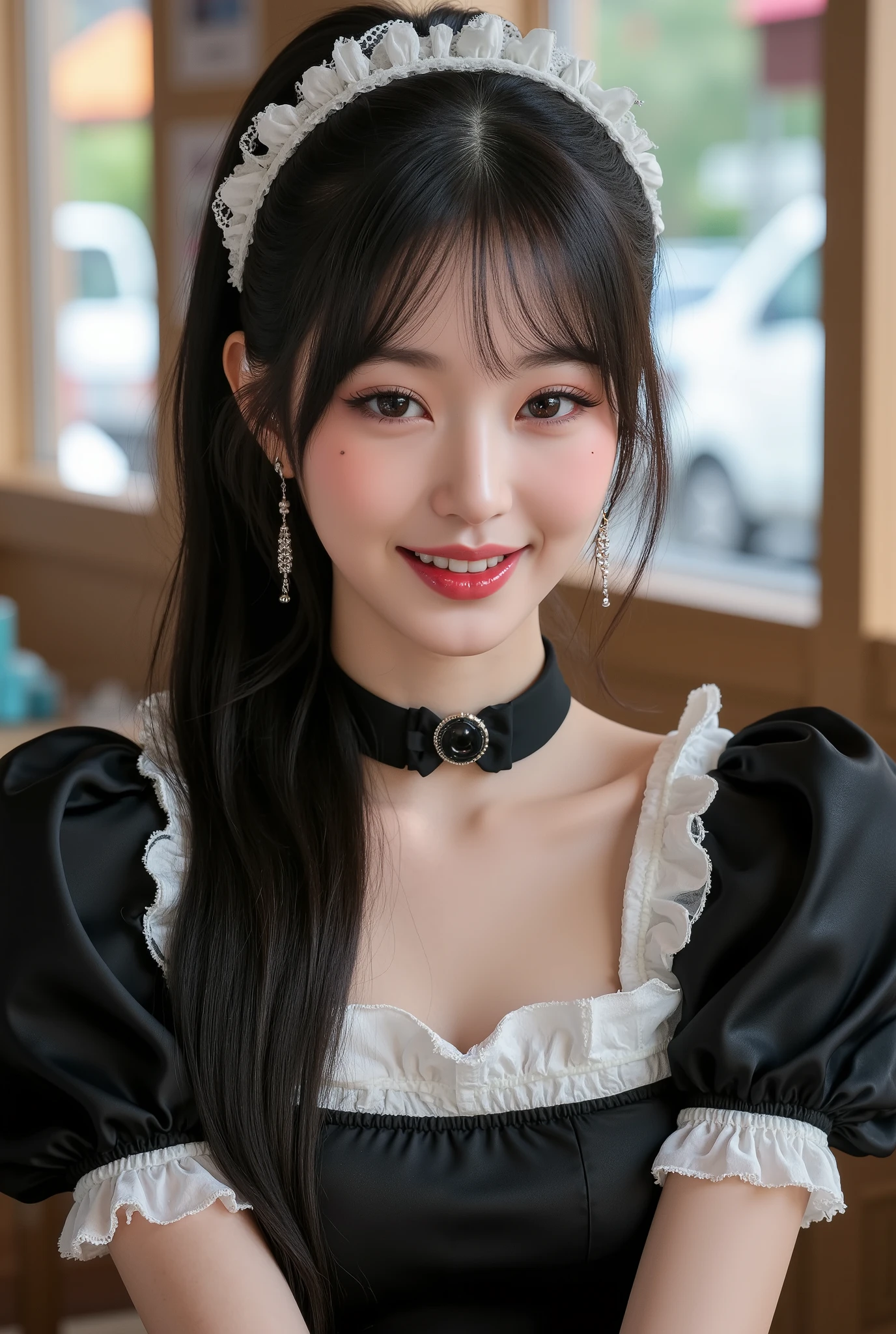 masterpiece, One girl per photo, Upper Body Shot, View from the front, Beautiful korean woman, She is smiling while sitting in a cafe wearing a cute black maid outfit made of short sleeved silk satin., Wearing a white frilly headband, White frilly apron, Black choker, An attractive person, Super cute face, Glossy Lips, Sweaty body, Natural Makeup, Long eyelashes, Shiny and smooth black ponytail, Asymmetrical bangs, Sunburned skin, Center image, 8k resolution, Attention to detail, Detailed hairstyle, Detailed face, Spectacular Cinema Lighting, Octane Rendering, Vibrant, Ultra-realistic, Perfect limbs, Perfect Anatomy