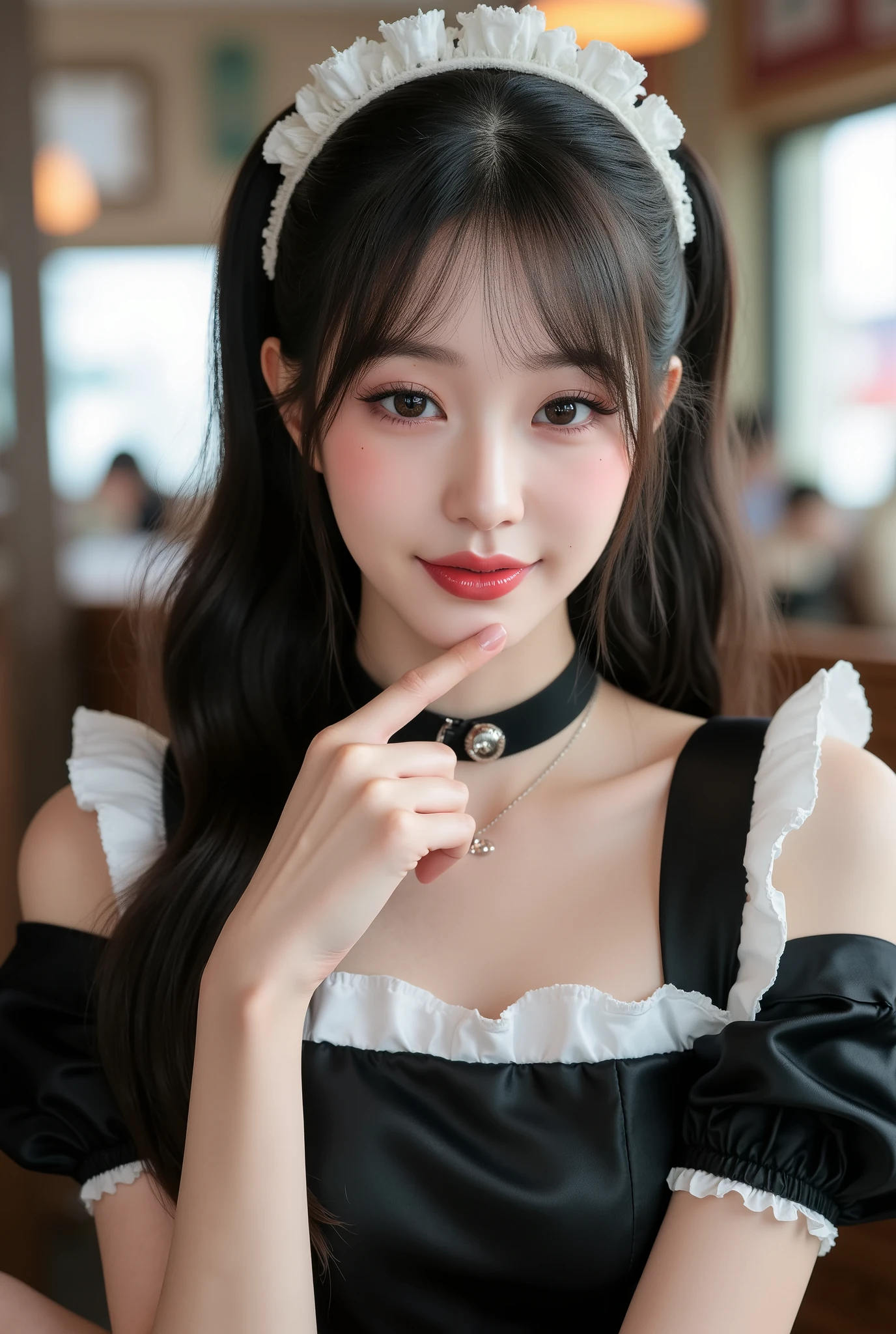 masterpiece, One girl per photo, Upper Body Shot, View from the front, Beautiful korean woman, She is smiling while sitting in a cafe wearing a cute black maid outfit made of short sleeved silk satin., Wearing a white frilly headband, White frilly apron, Black choker, An attractive person, Super cute face, Glossy Lips, Sweaty body, Natural Makeup, Long eyelashes, Shiny and smooth black ponytail, Asymmetrical bangs, Sunburned skin, Center image, 8k resolution, Attention to detail, Detailed hairstyle, Detailed face, Spectacular Cinema Lighting, Octane Rendering, Vibrant, Ultra-realistic, Perfect limbs, Perfect Anatomy