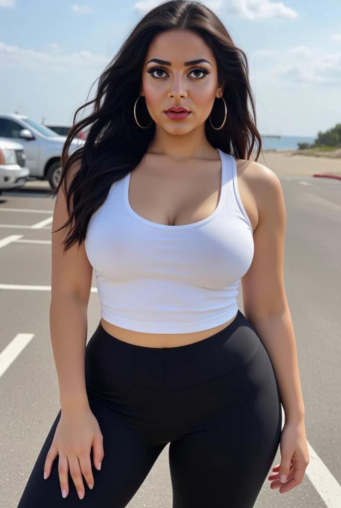 A beautiful Indian cute girl smile , sexy poses, perfect anatomy, sexy , curvy body, wearing small black top and long white skirt