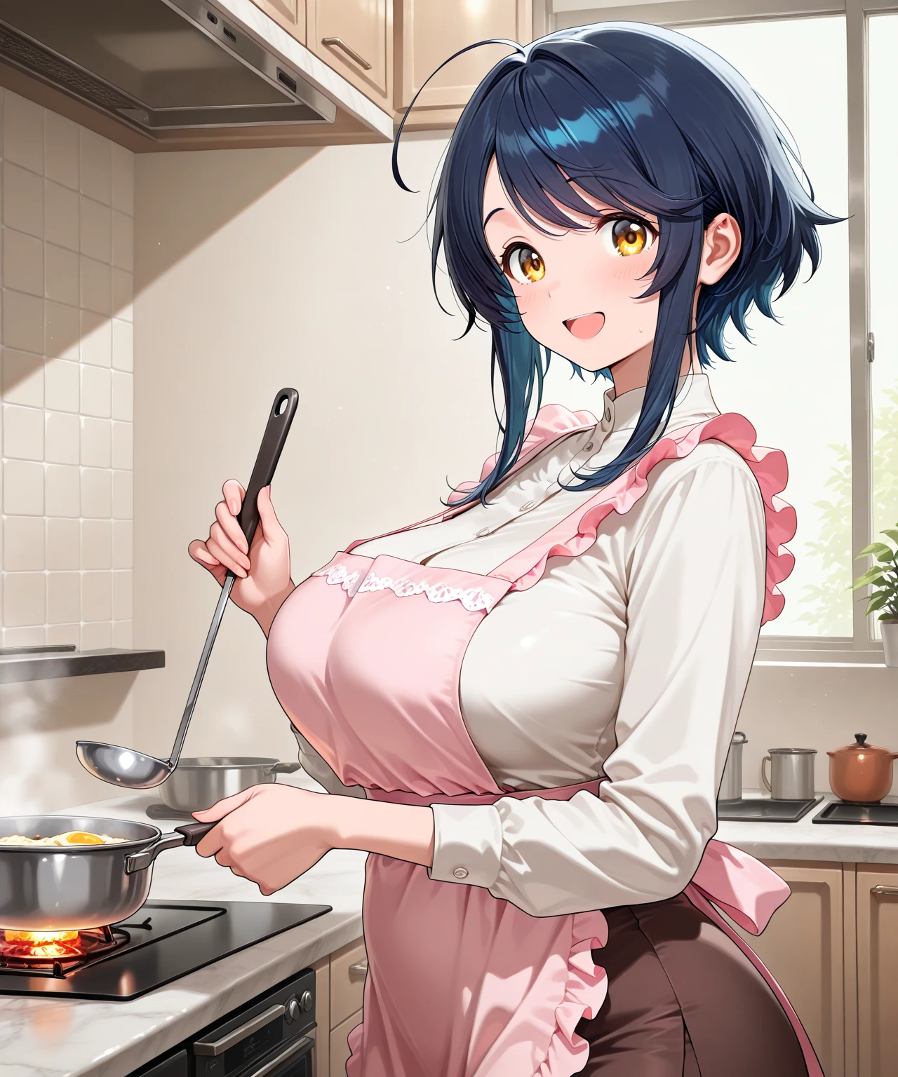 (Best Quality, Masterpiece),sexy mommy, Front cover of a women's cooking magazine,  erotic, 18+, nsfw, 1girl, 30 years old, stunning, cute, smile, hourglass figure, Maid costume, beautiful food, text, diagrams, advertisements, magazine title, short brown hair, blue detailed sparkling eyes