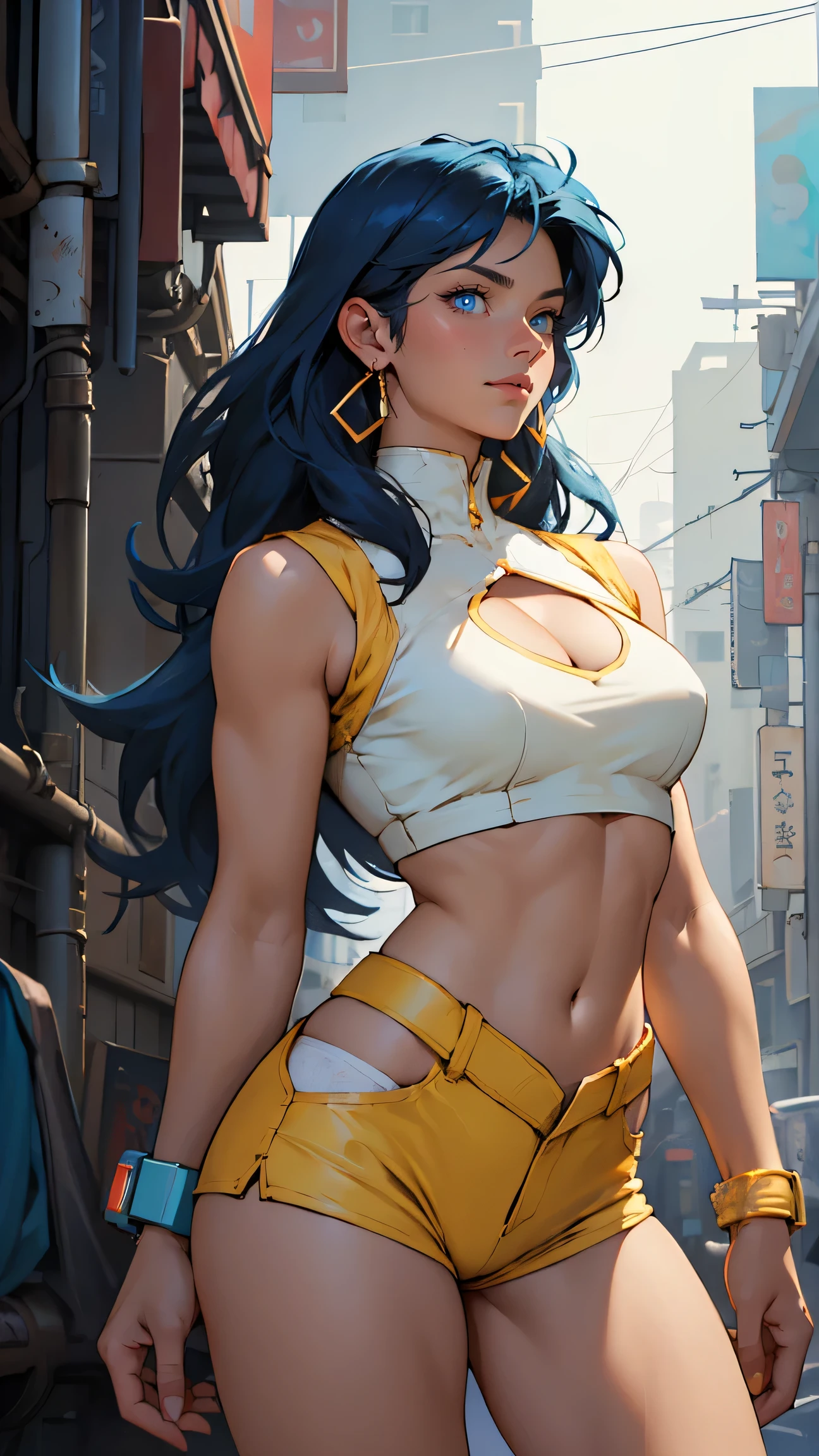 (best quality:1.2,highres,ultra-detailed), detailed face and body of Yuri from The Dirty Pair, stunning Asian beauty, expressive brown eyes, luscious lips, long flowing blue hair, (skimpy yellow outfit), (revealing cleavage), confident and sexy pose, (cyberpunk-inspired city background), neon lights illuminating the scene, vibrant colors, (futuristic and edgy atmosphere), stylish and sleek architecture, dynamic angles and composition, (sci-fi and anime fusion), perfect beauty