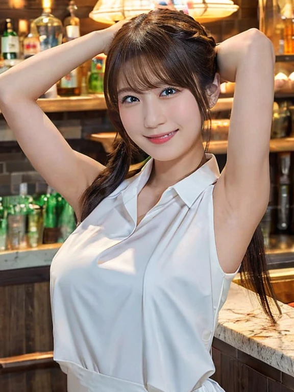 A very cute face like an idol、Looks like a young face、20-year-old female、Gentle and cute、A kind smile、White, sheer shirt blouse、((whole body像))、Cleavage、A crowded bar、Toast with a beer mug、Cinema lighting、Natural light、whole body、RAW Photos、Genuine、Artistic、(High level of artistry)、High quality that is indistinguishable from real life、realism、Real Stick、High resolution、masterpiece