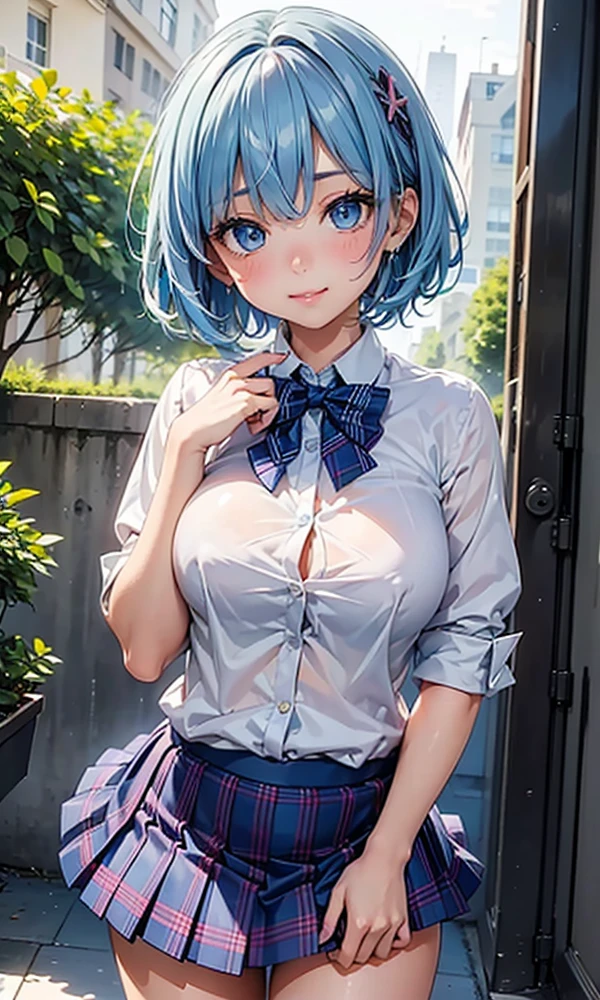 (1 girl),(Best Picture Quality, 8K, Masterpiece:1.3), (high school student:1.5), BREAK, (lob hair:1.1), (bob cut),(pink) BREAK (cute eyes, pupil black, iris skyblue, youthful face:), BREAK, (standard weight), (medium breasts), BREAK, (super clear:1.5), (glistening skin:1.1),(pale skin:1.2), BREAK, ((school uniform, white short simple sleeve shirt, darkblue skirt, pink tie)),(clothes lift, show off bra ,show off panties).