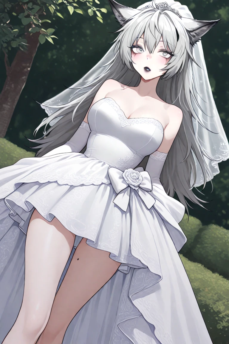 shiroko_bluearchive,beast ears,looking at viewer, little smile,pure white wedding dress, wedding ceremony, slim, dizzy, big-chest, wide hips, perfect waist, day atmosphere, hair ornament, standing, full body,