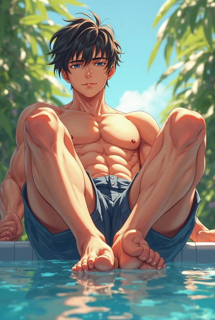 white hair boy, blue eyes with muscular body,sexy, using, short blanco, barefoot, sitting on a bench