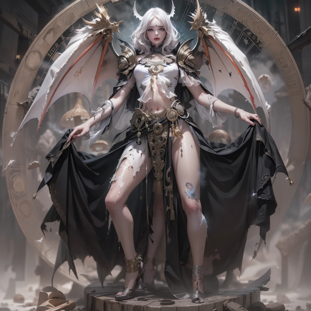 Professional , masterpiece、top-quality、photos realistic , depth of fields 、(whites micro bikini、Gemstone Bodies:1.9),(Matte White、(cleavage of the breast)、Jewel Gold Weapon、Particles of light、Gemstone Body White:1.4),Gorgeous gold weapons ,(( Dragon dense and gorgeous dragon sword)) , (demonic wings) ,tentacles protruding from the body, 、((White hair))、(Castle background)、(demonic wings)、((Gangle's forest background))、Beautiful Caucasian beauty、1a person、dynamic ungle,(((Two devil's horns on the head)))、Smaller head、Idle Smile、Thin and beautiful female hands、cleavage of the breast、Mystical expression、Light Effects、intense fighting、Wind-effect、magic circles、With the legendary magic wand、Dragon's tail、Tentacles protruding from the black body of the whole body、tentacles protruding from the body,