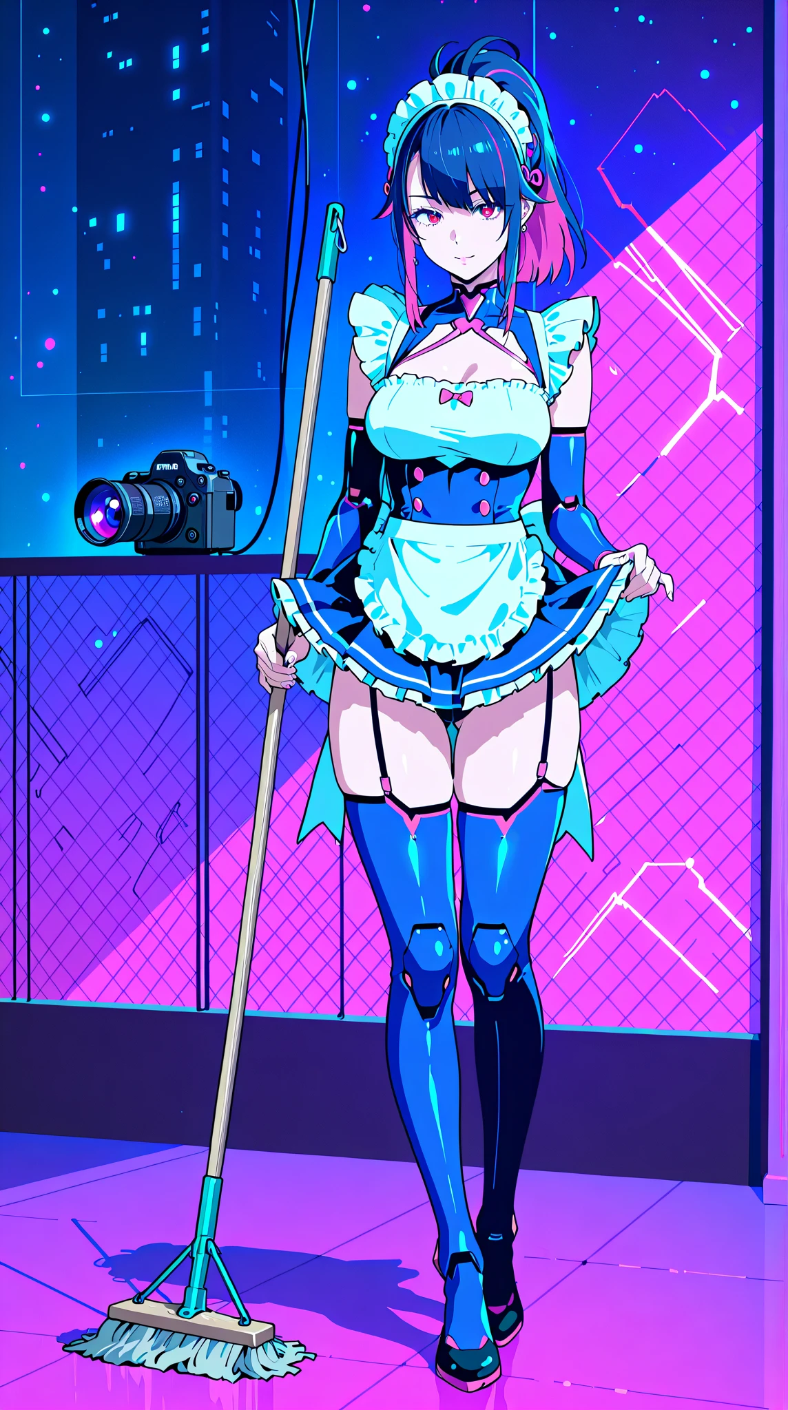 1girl, blue hair, large breasts, bunny ears, rabbit ears, wide hips, bodysuit, black bodysuit, blue eyes, short hair, very short hair, science-fiction, tech, futuristic, machinery, full body, neon trim, pantyhose, black pantyhose, light smile, shoes, car, sports car