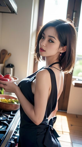 Stunningly gorgeous beautiful feminine Korean wife , perfect face, thick curved eyebrows, long luscious eyelashes, black eyeliner, eye shadow, natural makeup, bright lipstick,long loose twine ponytail with very long bangs, hyper realistic tattoos, large breast, showing side boob, sexy waist, wide hips, sexy heart shaped ass, cooking apron, ( Photos showing the whole body ), ( Butt sticking out pose ), high heels, wearing a cooking apron, cooking over the stove, back to viewer, looking at camera, bent over stove