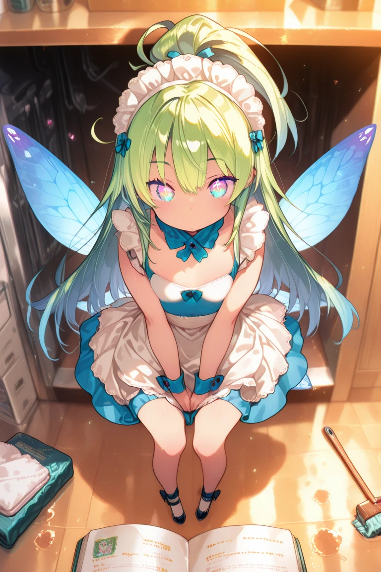(best quality, masterpiece:1.2), illustrations,
a cute girl, cute face, kawaii, early teens, 15-year-old, very lovingly face,
ponytail, pale green hair, shiny hair,
blue eyes,
BREAK fairy wings, fairy dress, (skirt rift, panty shot:1.2), panties,
BREAK (embarrassed, aroused, blush:1.2), standing,
white background, from below,