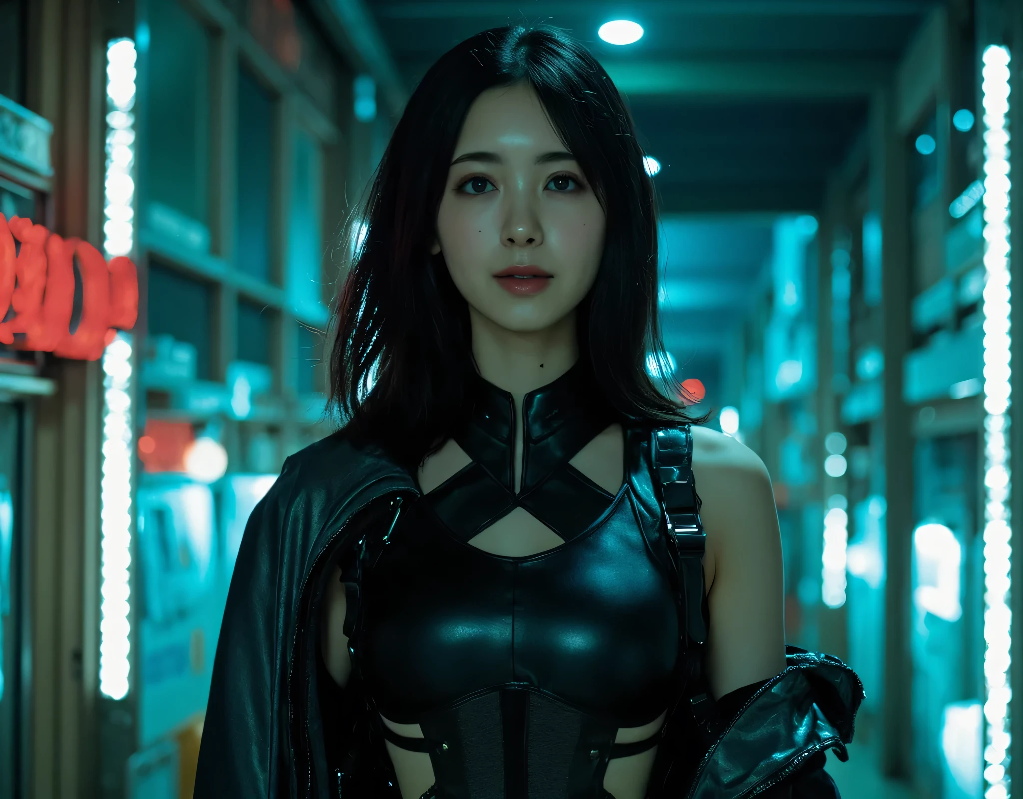 (best quality:1.3), (Ridiculous resolution:1.2), (Original Photography:1.2), (romantic style:1.2), (Natural Lighting、Practical:1.2) (1 Woman、Noble woman), Wearing futuristic cyber robes,Cyberpunk Technology, His body was covered with metal parts, Stills,Cover,In the cyberpunk city of the future, (Fit body:1.2)