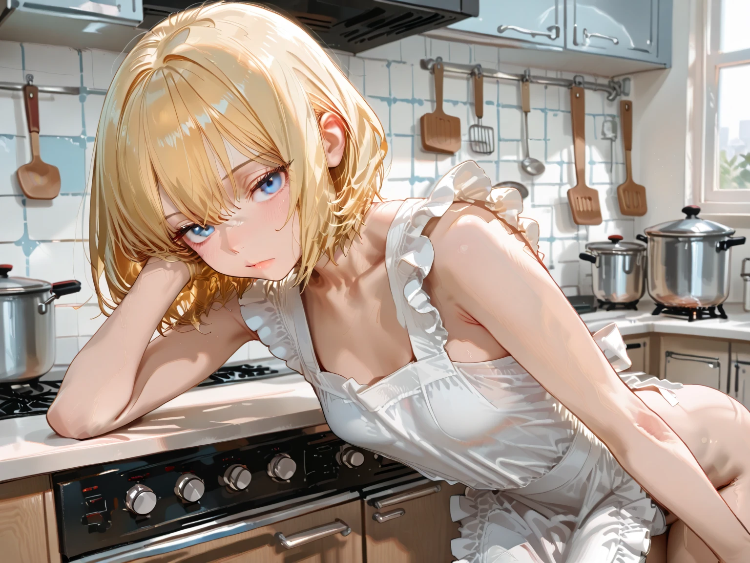 Highest Resolution,Highest quality,A beautiful girl with a crying face drinking a glass of water in a nude apron,kitchen,Tears,Open your mouth and drool,whole body,front,Sweat profusely,Beautiful eyes,Lots of saliva,