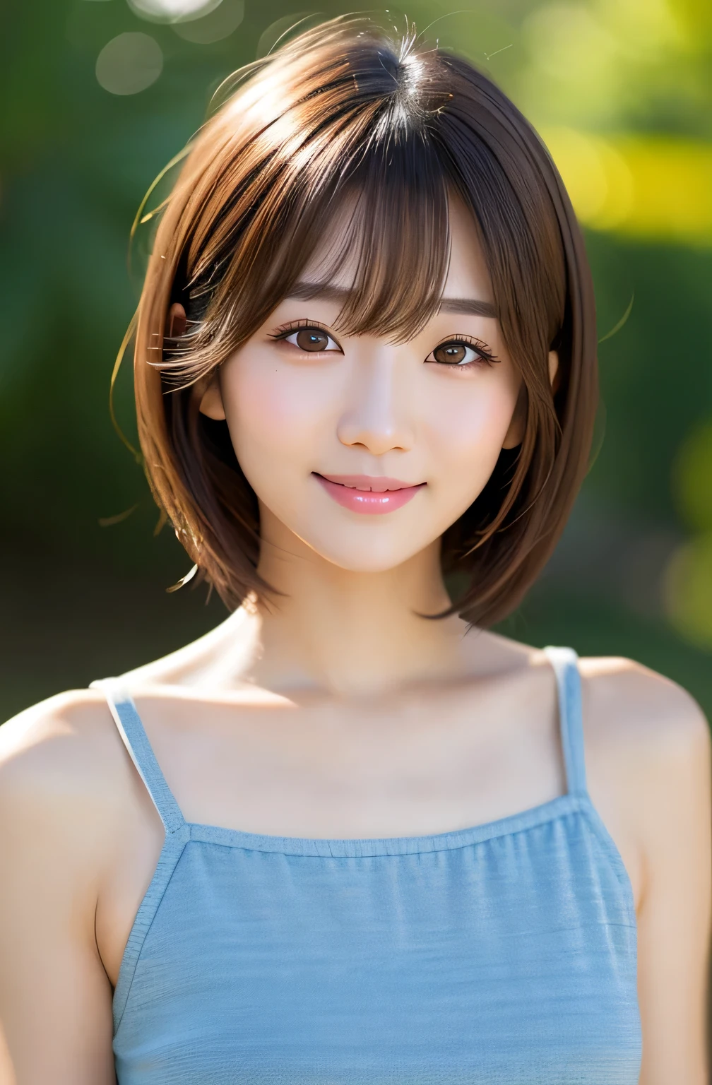 (masterpiece:1.2, Highest quality), (beautiful, fine grain: 1.2、beautiful skin、beautiful hair、Good attitude and dignity、beautiful manners、regrettable、beautiful eyes), ((One Woman)), (Light brown eyes:1.4), (Detailed eyes and face:1.3), ((Short Hair Woman)), (beautiful and vivid background:1.2), (Very detailedなCG, Very detailed, Best Shadow:1.1), ((Written boundary depth)), ((watercolor)), beautiful concept shape, (Blue background:0.5), (shape:1.1), (とても素敵でbeautiful:1.1), (Perfect detail:1.1), from the front, Cowboy Shot, scenery 、Listen carefully、長くbeautiful首、Keep your mouth closed and give your viewers a happy smile..