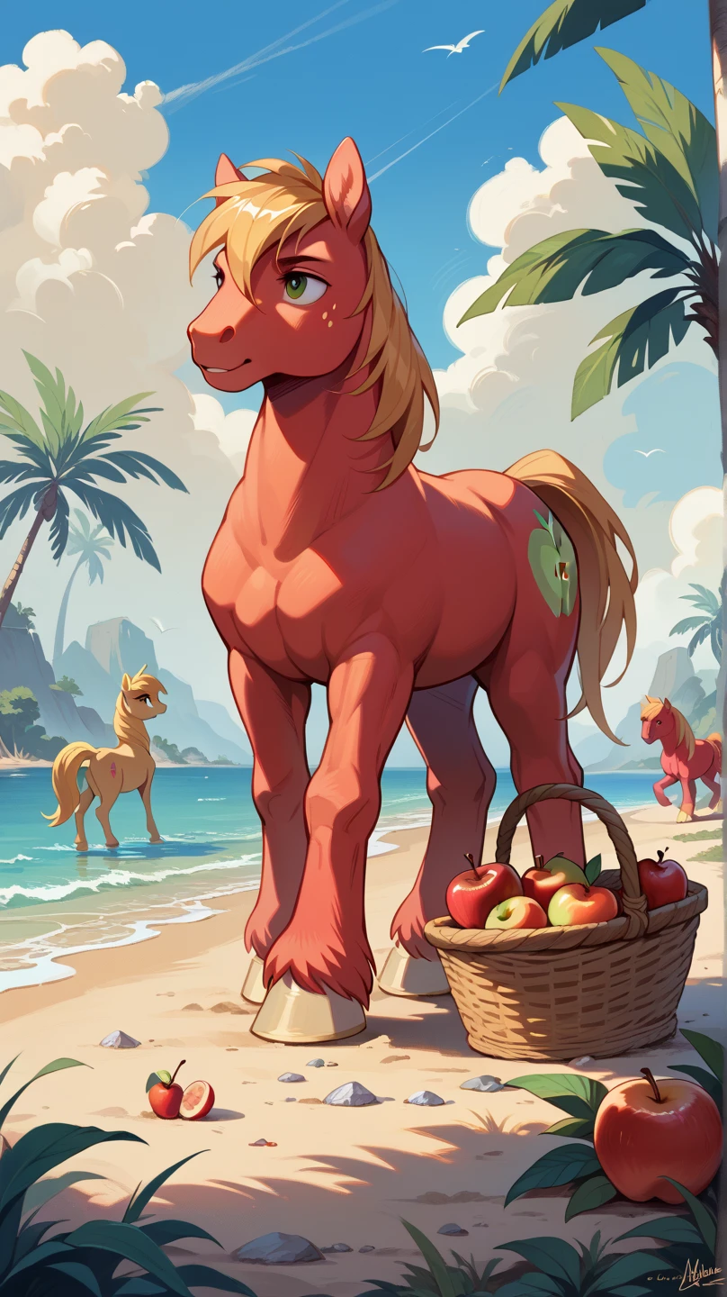 furry anime, MLP big_macintosh, chewing wheat stem, completely , feral horse, glossy, walking pose, crowds, fruit apple basket, , beach, side view, full body view, 