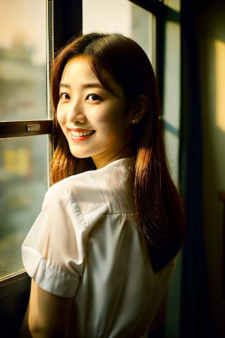Highest quality, masterpiece, (Realistic:1.4), One girl, A light smile, Collared shirt, Upper Body, Dramatic lighting, From below