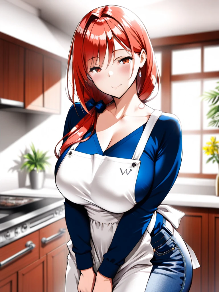 (masterpiece:1.2), best quality, high resolution, asuka, 1girl, solo, long hair, open mouth, blue eyes, underwear, bra, orange hair, apron, lingerie, angry, blue bra, <lora:anime:1>