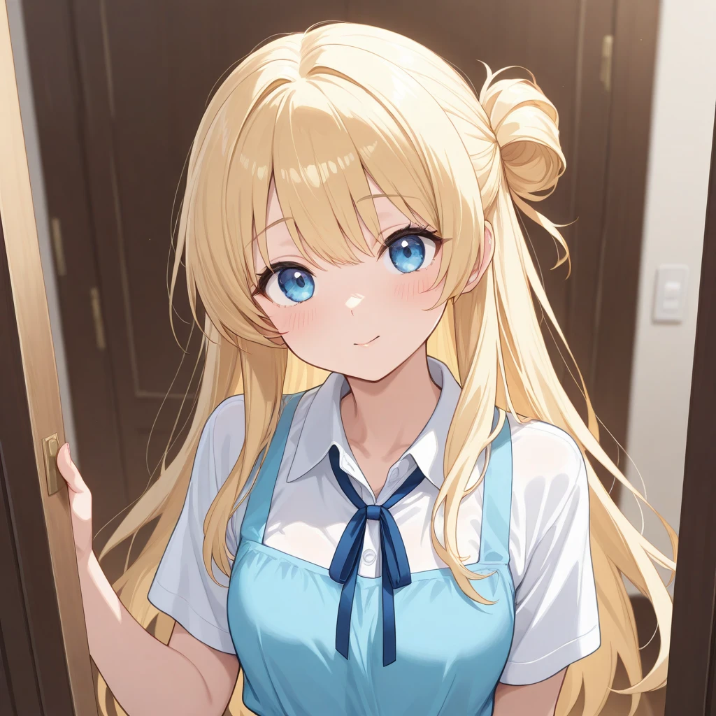 Anime young woman, blonde hair, fringe reparted in three parts, long and waivy hair, light and bright blue eyes, chic and simple clothes, housewife mother, volumous chest, kitchen background