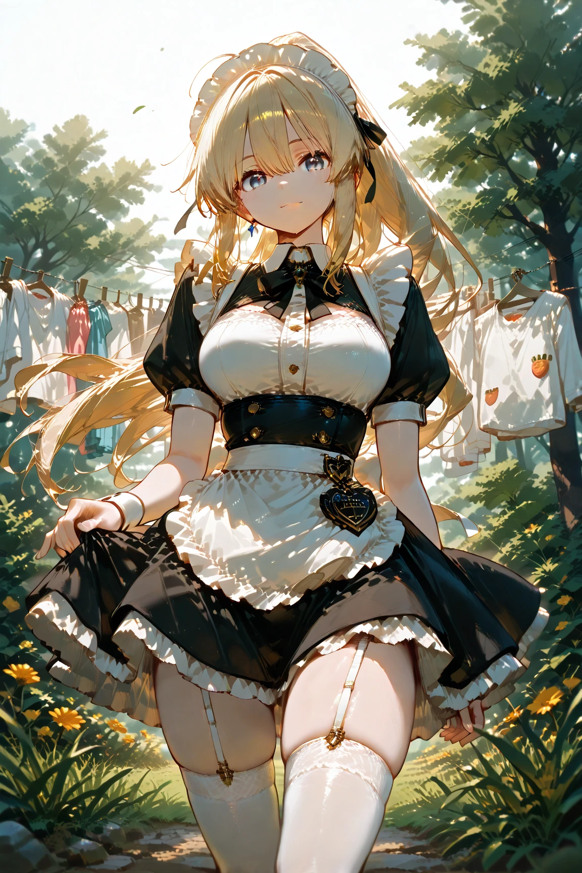 ​master piece, hyper quality, Hyper Detailed, Perfect drawing,1girll, Lolita Fashion、Clothes with a lot of lace and ruffles、a miniskirt,knee high socks(:1.5),garterbelts、(((Holding a large bouquet))), butt sticks out, Big round buttocks, Standing figure, ((Panties are slightly visible)), Luxury Panties、Cute smile,  Sunburn scars: (1.5), Shooting from diagonally below,  Beautiful background, meticulous drawing, Accurate drawing.