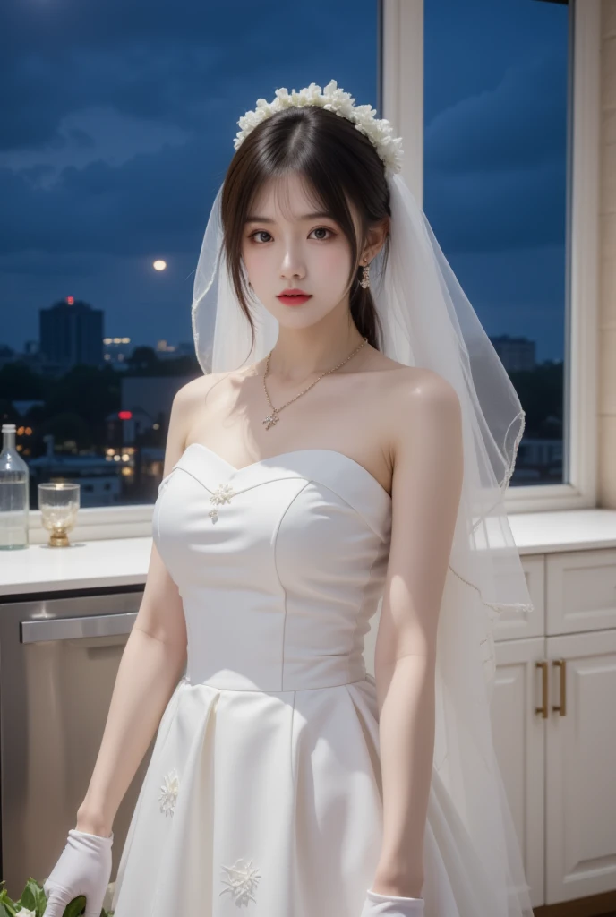absurdres, RAW photo, extremely delicate and beautiful, masterpiece, Best Quality, ultra high resolution, 32k, hyperrealistic, ultra-detailed, perfect anatomy, super Detailed skin, perfect figure, Super Beauty, Perfect Style, Perfect balance, Beautiful Lighting, Perfect Lightning, Realistic Shadows, 20 years old, very Slim body, narrow waist, very small head, very small face, delicate facial features, handsome detailed woman, very detailed eyes and face, realistic face proportions, Realistic beautiful face, Realistic beautiful eyes, tearful mole, earring, very huge round breasts, legs, medium hair, asymmetrical hair, full body shot, indoor, dress, long sleeves, nun, off-shoulder, face veil,