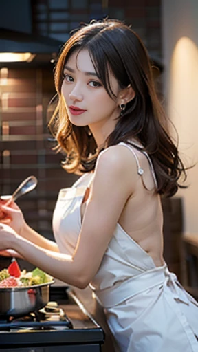 (from below:1.2), (perky chest:1.2), (pointed chest:1.2), 1girl, Bust A Cup, Amazing Cleavage:1.1, thin waist, big ass, Raised cute, small breast: 1.1 posed cleavage:1.2、solo, looking at viewer, have a cute glass of cute beer glass,black hair, dark green eyes, dress, bare shoulders, jewelry, collarbone, side locks, hairband, earrings, indoors, off shoulder, arms behind back, plants, short hair with long locks, gild hairband, off-shoulder dress, sweater dress, off-shoulder sweater, red sweater, dark gold hair, big side hair, very long side hair,is rendered in (masterpiece: 1.2, best quality), with (ultra high resolution) and an exquisite (depth of field). This masterpiece is not only visually stunning but also tells,A scene of cooking in the kitchen