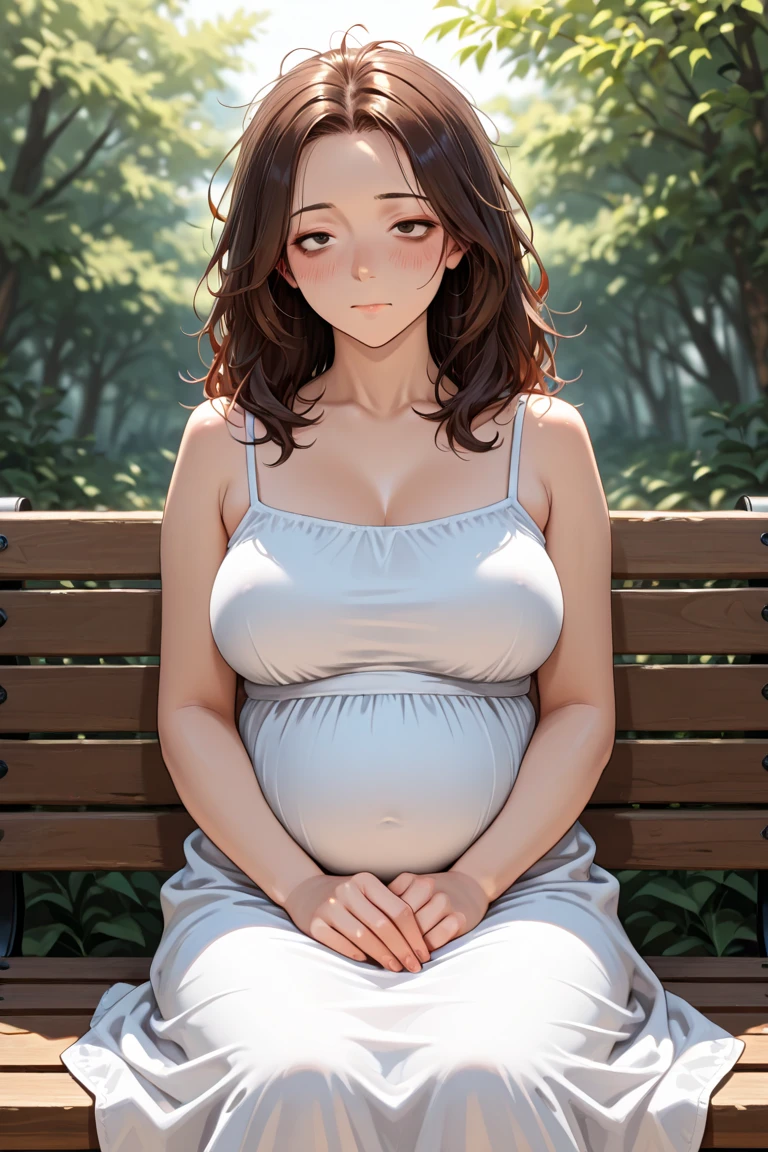 ((masterpiece, best quality, highres, UHD, perfect pixel, depth of field, 4k, RTX, HDR))), 1girl, single, solo, beautiful anime girl, beautiful artstyle, anime character, ((long hair, bangs, dark brown hair, wavy hair:0.2, long flowing hair)), ((heterochromia eyes:1.4, rounded eyes, beautiful eyelashes, realistic eyes, one green eye one blue eye,heterochromic eyed)), ((detailed face, blushing:1.2)), ((smooth texture:0.75, realistic texture:0.65, photorealistic:1.1, anime CG style)), medium breasts, ((full body, facing camera, sitting in grass, pregnant, pregnant belly, laying on back, side view)), perfect body, pregnant woman, ((sundress, white dress, flowing dress, silver cross necklace, sparkling cross necklace)), smile, church, leaning back, grassy fields background, flowers, blue sky, fluffy clouds, blue and green eyes