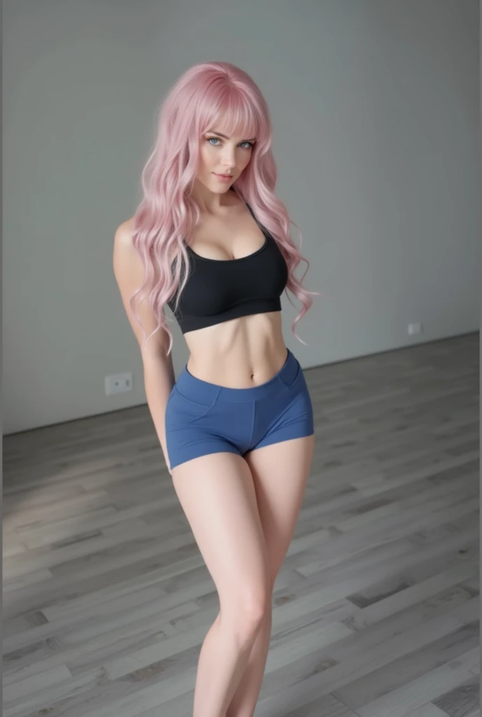 young and Beautiful, 18 anos de origem americana, She's working out at a gym, the young girl is standing, todo som, tomando um suco detox, cabelo rosa longo e molhado, cara rosa, olhos azuis, Luz, elegante, cara muito bonita, cores profundas, altamente detalhado, altamente realista, pele rosada, Beautiful, thick glossy pink lips,