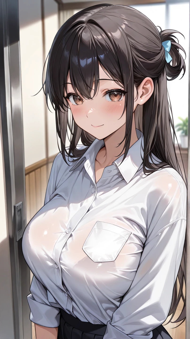 slender, mature female,1girl, earrings, see-through, jewelry, blush, shirt, solo, ponytail, brown_hair, breasts, brown_eyes, wet_clothes, wet_shirt, wet, bangs, navel, eyebrows_visible_through_hair, open_mouth, groin, rating:safe, long_hair, white_shirt, large_breasts, collared_shirt, short_sleeves, hair_between_eyes, rating:questionable, stud_earrings, sweat, bottomless, out-of-frame_censoring, upper_body, looking_at_viewer, :o, standing, dress_shirt, 