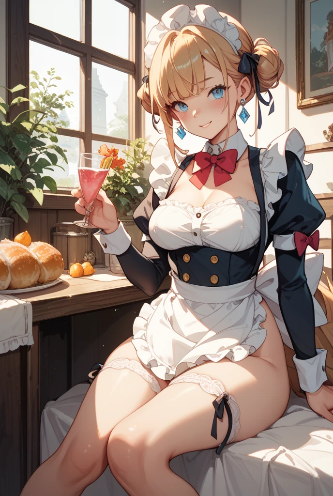 (from above:1.2),(from side:0.9),(A masterpiece of image quality in 8K),(Beautiful Allafed Woman),(((emphasizing breasts:1.1))),(Dynamic angles),(Dynamic and sexy bending pose:1.3),(sit a chair:1.1),(Short hair in shiny silver and orange inner colors,small full breasts,Disturbance of clothing due to movement,breast slip,(Ponytail twisted buns adorned with elaborate braids and beads,Braided Setup Fishbone Hair,),(see-through bangs),(perky chest:1.1), (pointed chest:1.3), small breasts、(((A white lace apron that shows your bare skin from under your small breasts)))、Blush with embarrassment、Enraptured eyes、A smile that beguiles the viewer、(Look back:1.7)、Look into the photographer,skin glistening with sweat,gazing at viewer,,(Professional Lighting),(8K,masutepiece,top-quality,Ultra-high resolution output image,),(Ultra HD with complex detail image modes),depth of fields,Beautiful hands,Beautiful fingers,Detailed finger features,(Detailed hair features:1.7),detailed facial features,detailed clothes features, (perky chest:1.1), (pointed chest:1.3), seductive weak smiling,(with sparkling eyes and a contagious smile),little open mouth,
