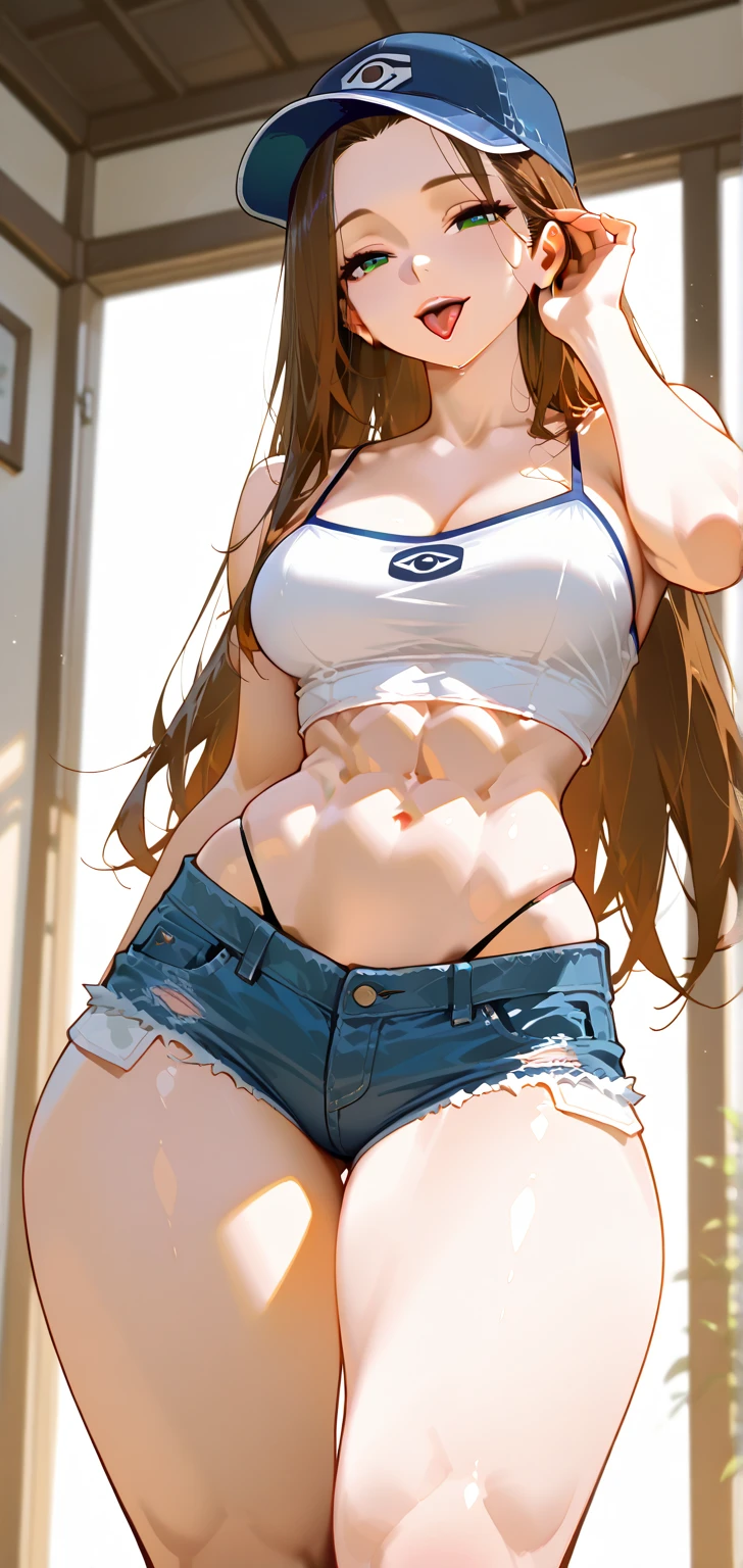 High detail, perfect face, full body, hilda pokemon, white sleeveless croptop, blue short shorts, low rise shorts, white cap, long brown hair, ((absurdly long ponytail:1.3)), ((absurdly big hair:1.3)), standing, beautifull blue eyes, detailed face, thick thighs, wide hips, large breasts, toned body