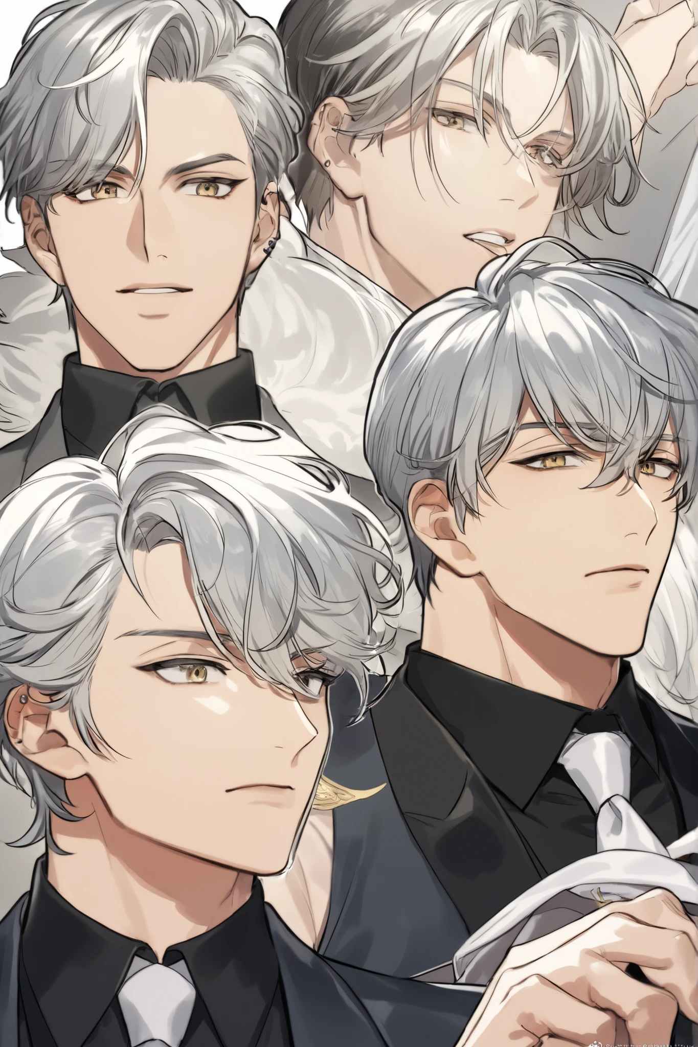 Close-up of a person wearing a suit and tie, delicate and neutral prince, tall anime man with silver hair and golden eyes with piercings, Handsome Prince , Beautiful Prince of Androgenus, 애니메이션 handsome man, very handsome, Cool anime poses, The shine of silvery hair, 원펀맨의 가로우풍 handsome man, handsome man,Silvery short hair, sexy pose,
